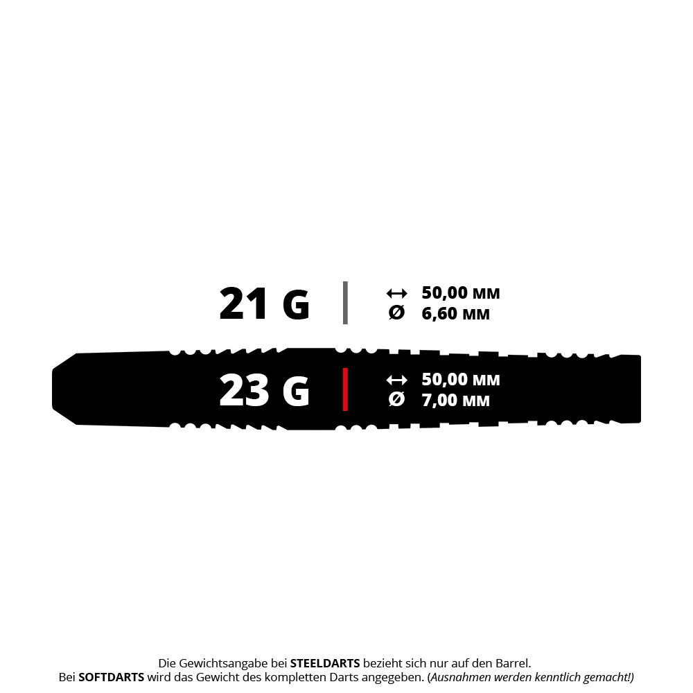 Target Japan Black Marque Lightning 3 SP steel darts Das Bild zeigt zwei Dart-Gewichte mit ihren jeweiligen Maßen. Die 21g-Darts haben einen Durchmesser von 6,60 mm und die 23g-Darts einen Durchmesser von 7,00 mm, beide sind 50,00 mm lang.