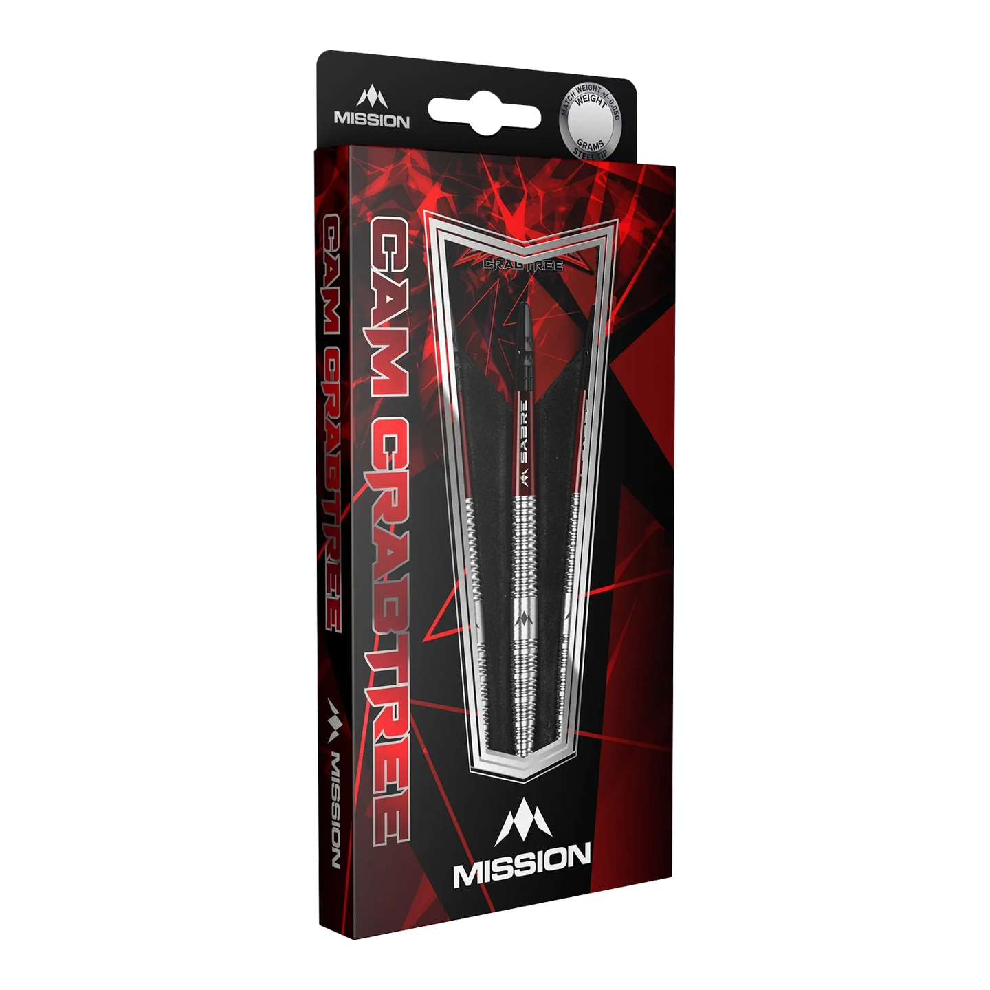 Das Bild zeigt die Mission Cam Crabtree Natural Steeldarts. Diese Darts sind robust und für präzises Werfen geeignet.