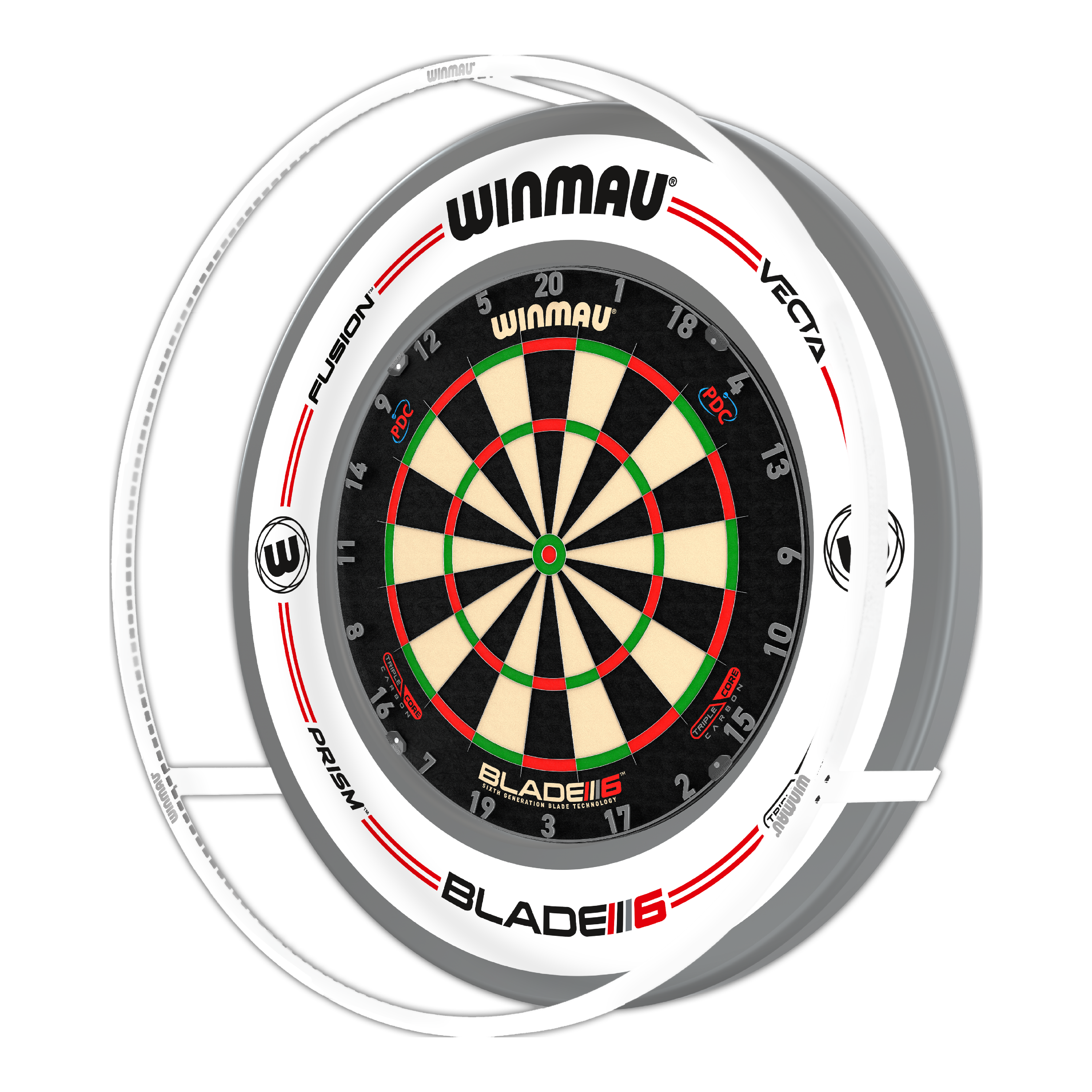 Das Bild zeigt ein Winmau Plasma Ice LED Beleuchtung und Surround Bundle mit einer Dartscheibe. Die Scheibe ist von einem beleuchteten Ring und einem weißen Surround umgeben.