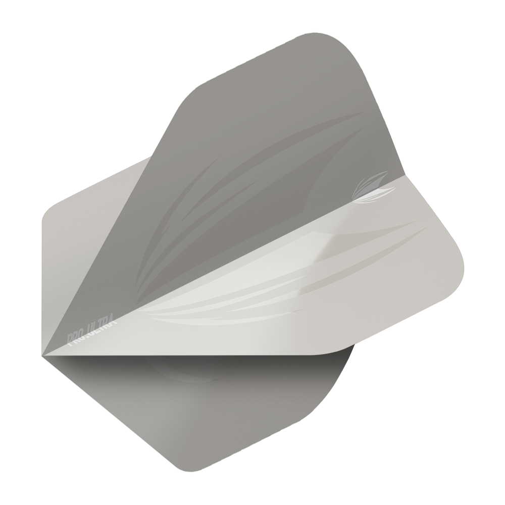 TG416_Target_ProUltra_ID_Grey_No2_Standard_Flights_2 Das Bild zeigt ein graues Dartflight mit abgerundeten Ecken und einem schlichten Design. Auf dem Produkt steht "Pro Ultra" in kleiner Schrift.