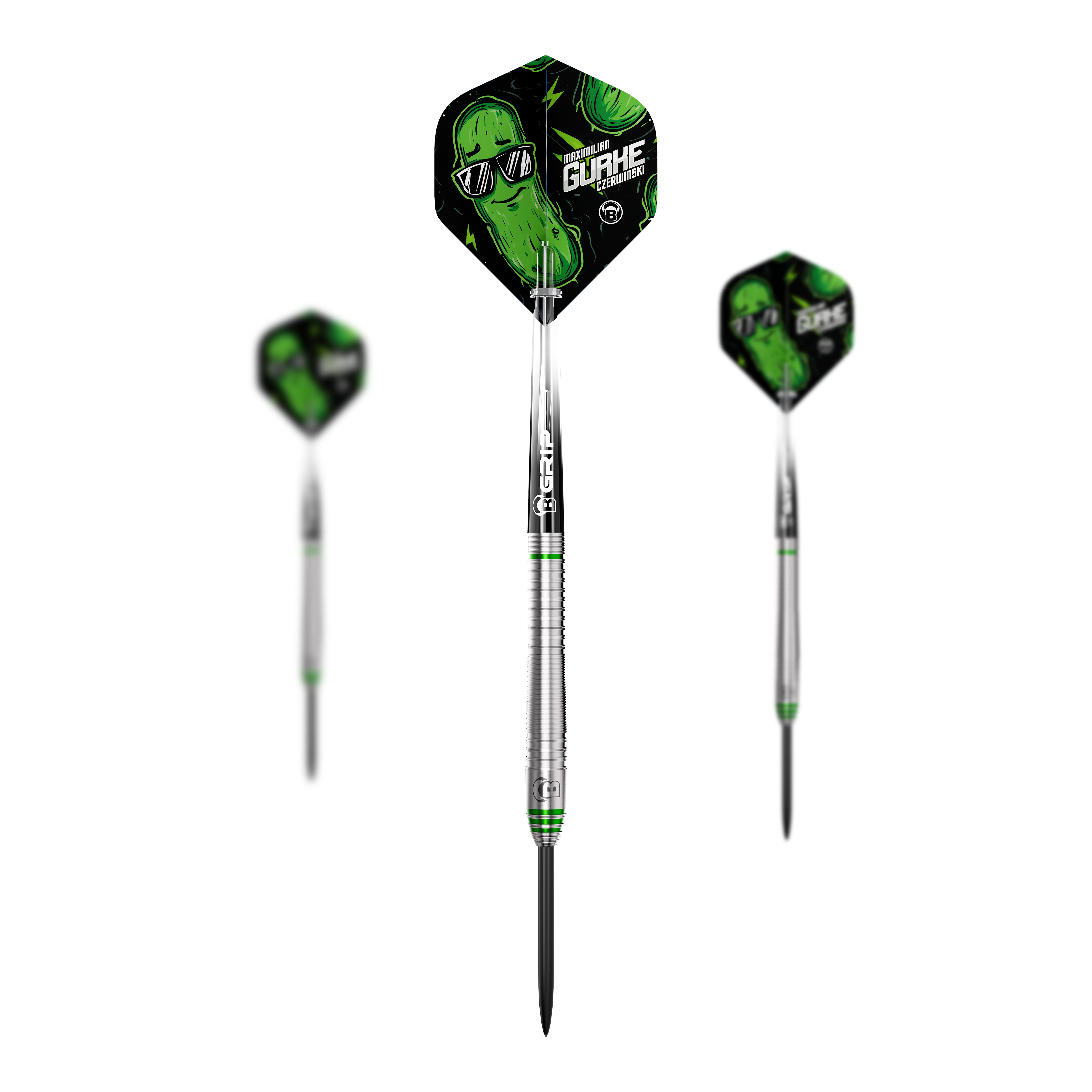 Bulls Max Czerwinski Cucumber Steeldarts - 23g Bulls Max Czerwinski Gurke Steeldarts mit 23 Gramm Gewicht als Set. Auf dem Bild ist das gesamte Set zu sehen.