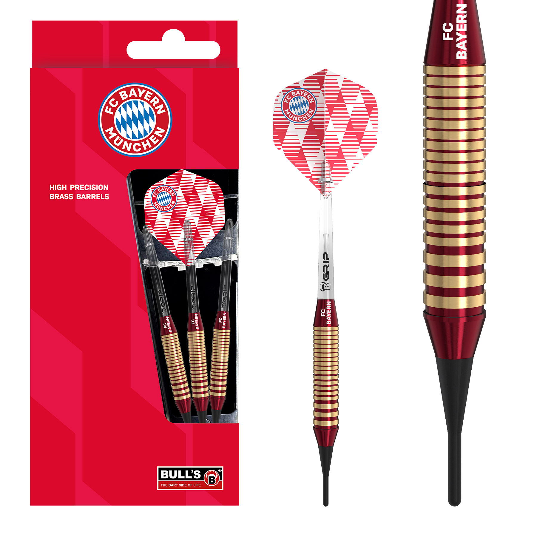 Bulls FC Bayern Munich Brass Soft Darts - 18g Das Bild zeigt die Bulls FC Bayern München Brass Softdarts mit einem Gewicht von 18g. Das Produkt ist speziell für Fans des FC Bayern München entworfen.