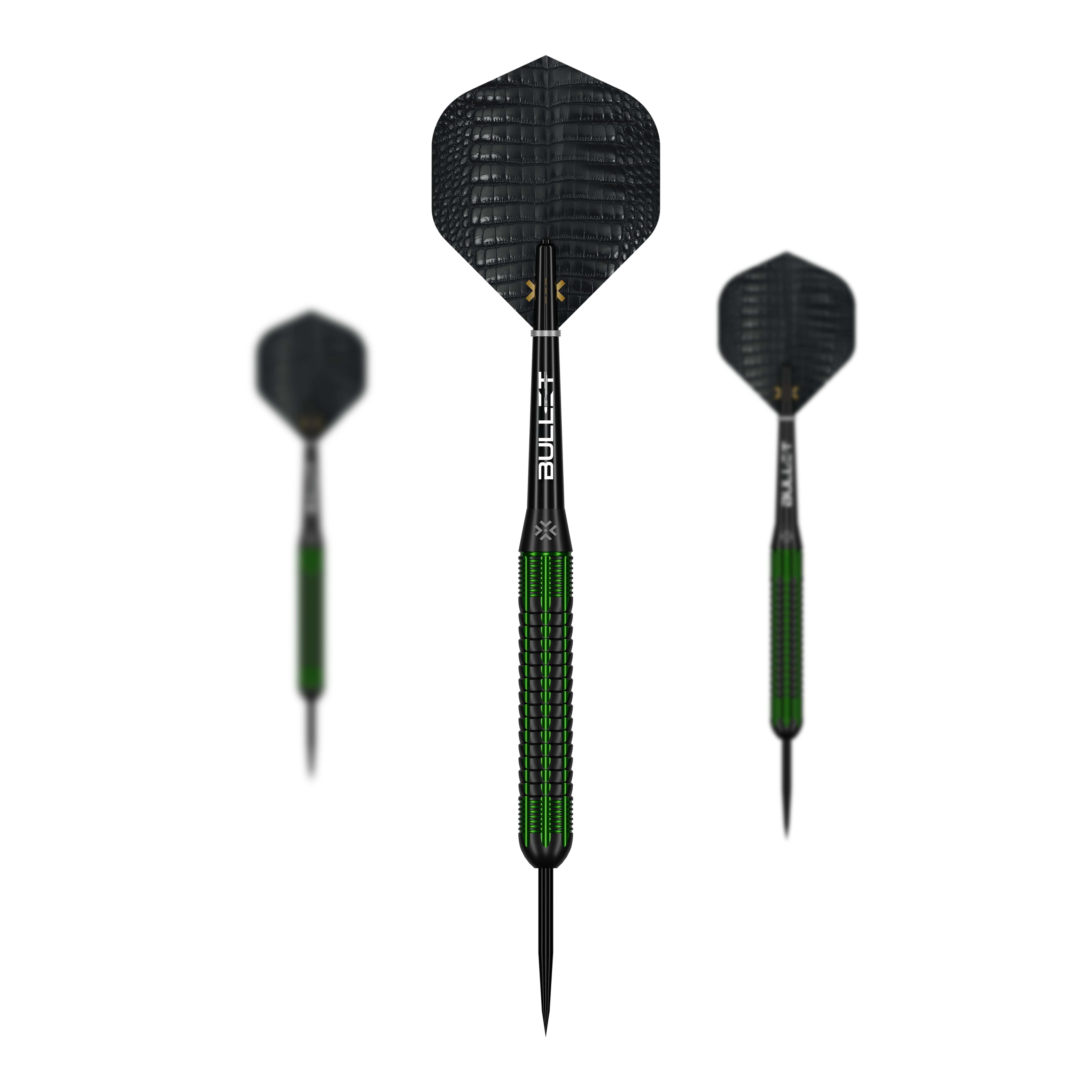Auf dem Bild ist ein Set der Bullet Gator Brass Steeldarts - 22g zu sehen. Das Set enthält mehrere Darts mit je 22 Gramm Gewicht.
