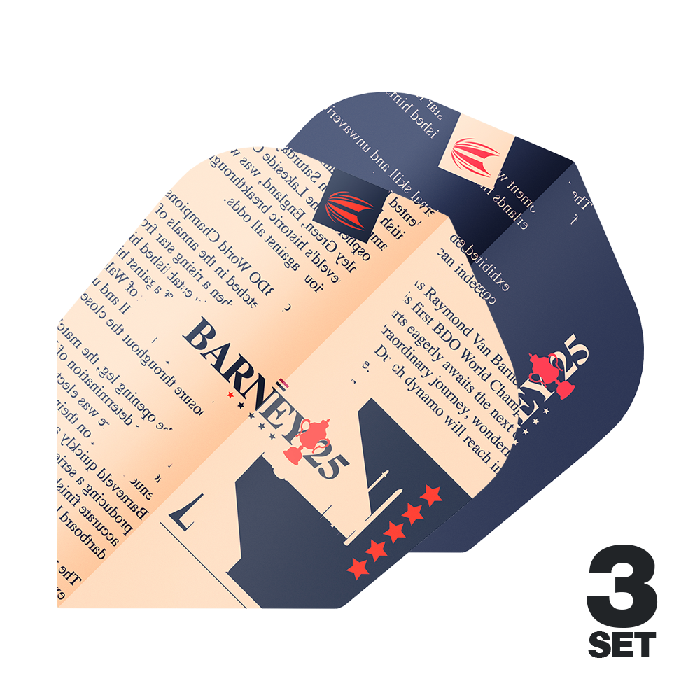 Target ProUltra Raymond Van Barneveld Barney25 No6 Flights Das Bild zeigt die "Target ProUltra Raymond Van Barneveld Barney25 No6 Flights" in einem auffälligen Design mit Text und Sternen. Rechts unten ist die Information "3 Set" zu sehen.