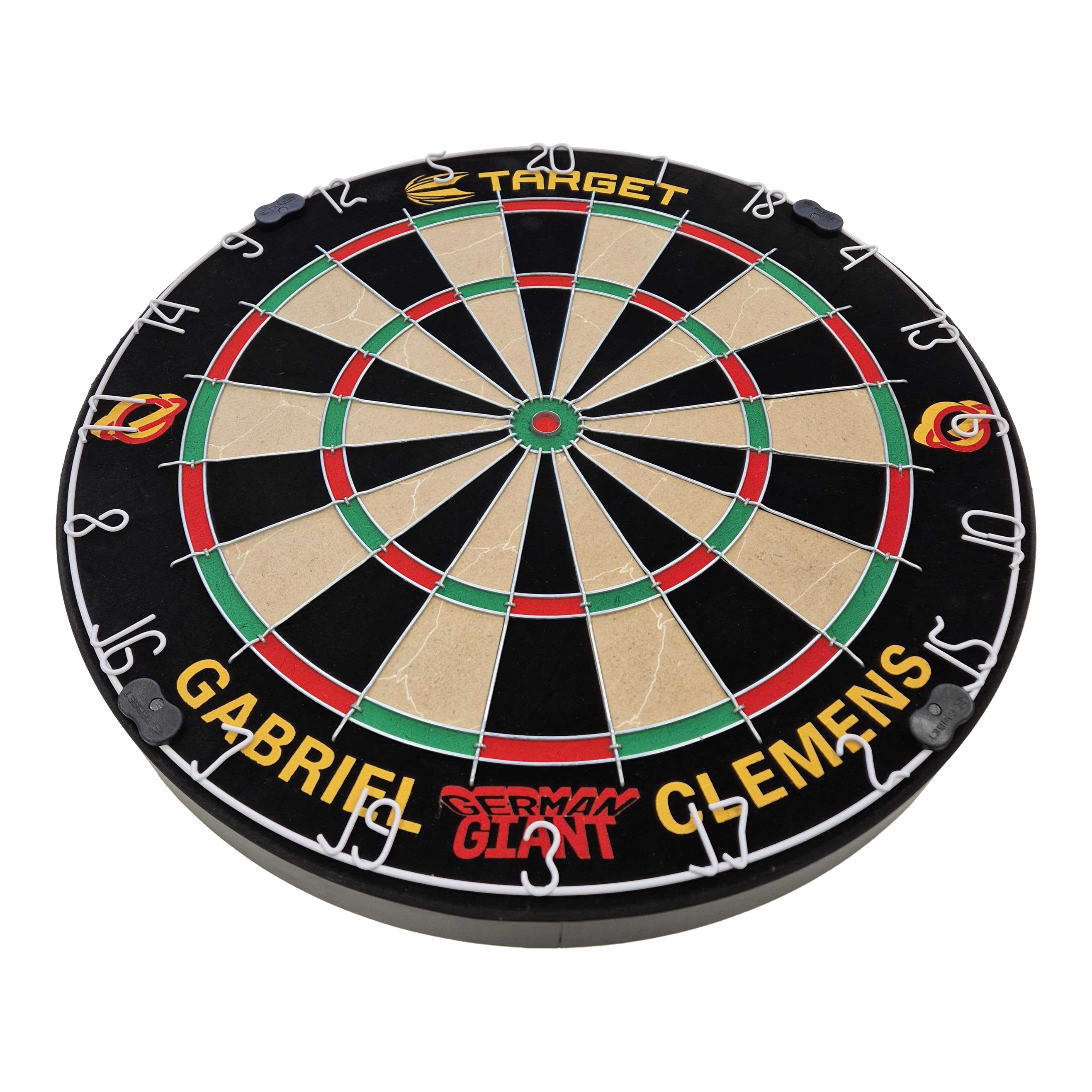 Target Gabriel Clemens steel dartboard set Dies ist eine Steeldartboard-Set mit der Aufschrift „Gabriel Clemens“ und „German Giant“. Das Board ist von der Marke Target und hat die klassischen Farben und Markierungen eines Dartboards.