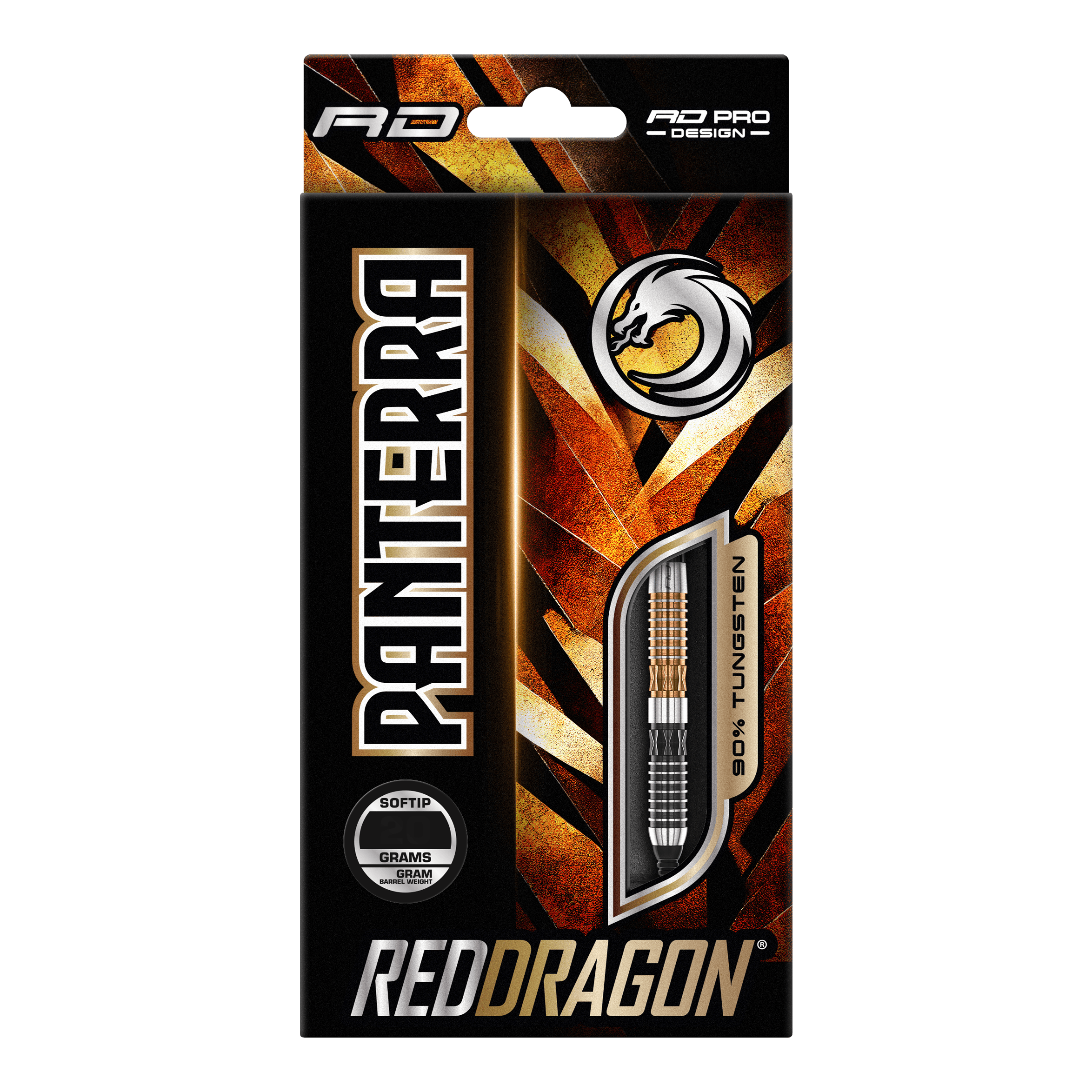 Red Dragon Panterra soft darts - 20g Das Bild zeigt eine Verpackung der "Red Dragon Panterra Softdarts - 20g". Die Packung ist auffällig gestaltet und hebt den Schriftzug "Panterra" sowie das Red Dragon-Logo hervor.