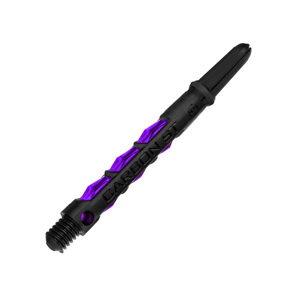 HR427_Harrows_Carbon_ST_Shafts_Lila_47mm_2 Das Bild zeigt einen Harrows Carbon ST Shaft in der Farbe Lila. Der Schaft ist schwarz mit auffälligen lila Akzenten gestaltet.