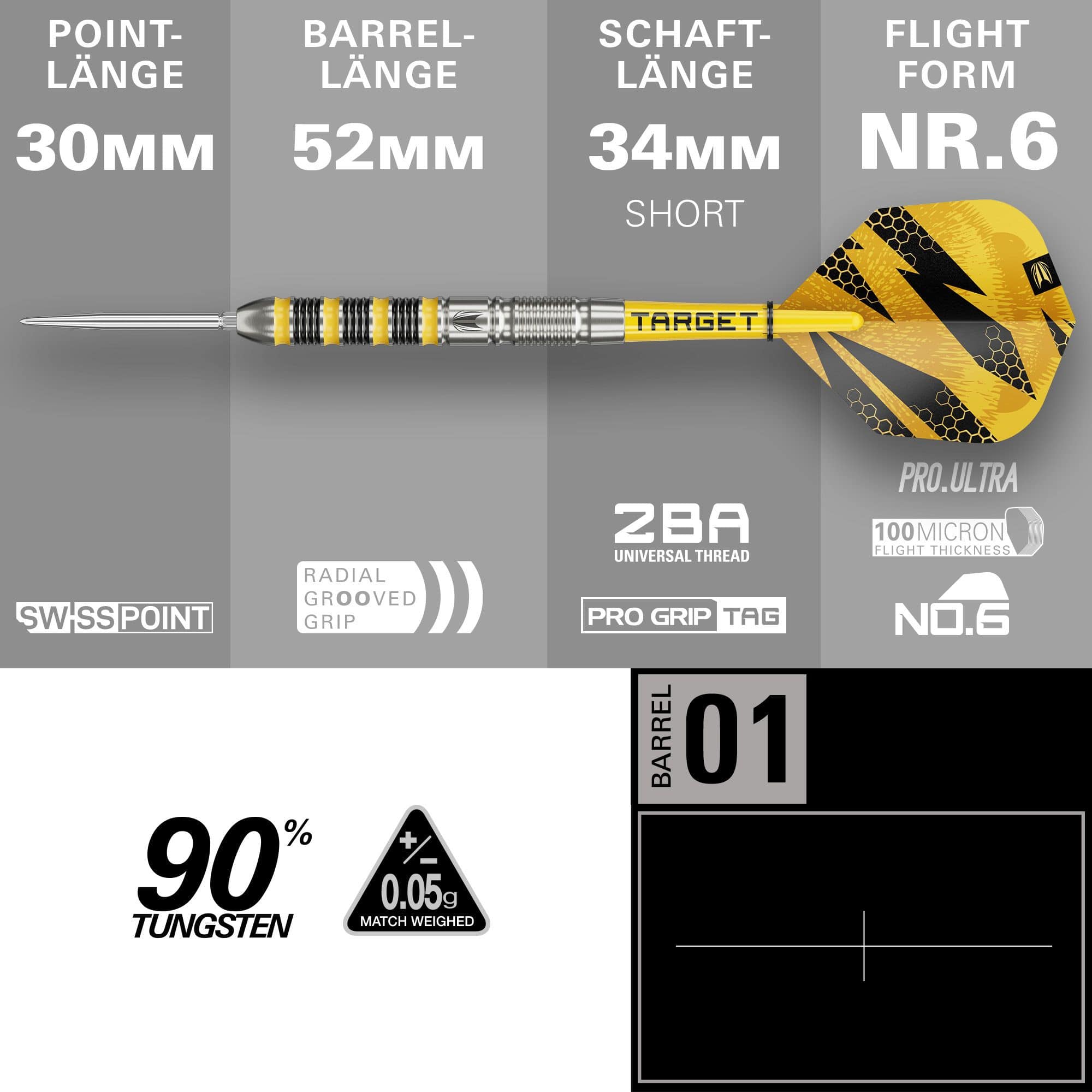 Target Buzz 01 Swiss Points steel darts Das Bild zeigt die Target Buzz 01 Swiss Points Steeldarts. Die Darts sind speziell für Präzision und Leistung entworfen.