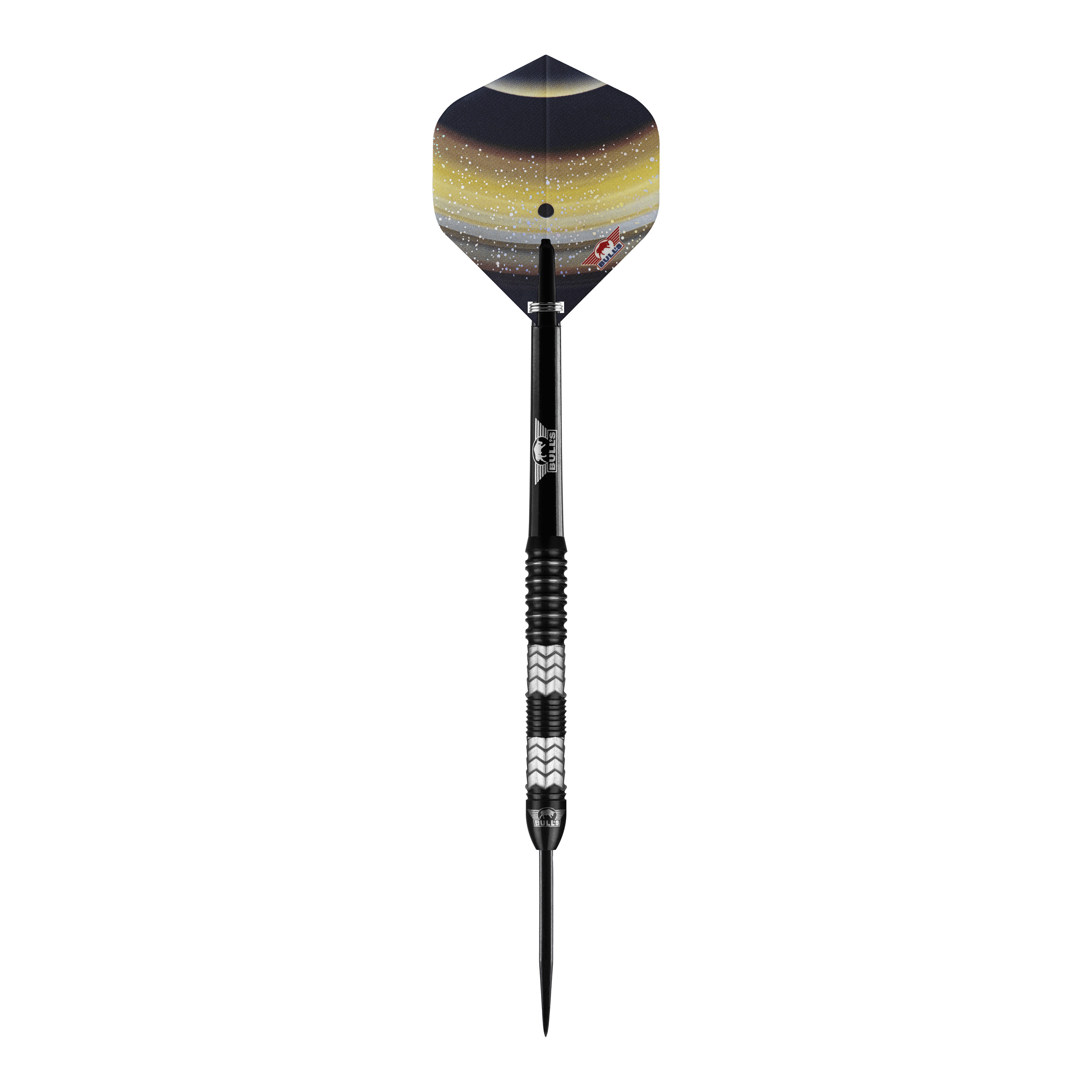 Bulls NL Luna Triton steel darts Der "Bulls NL Luna Triton Steeldart" ist ein hochwertiger Steeldart mit einem auffälligen, weltraumähnlichen Design auf den Flights. Der Dart besitzt einen schwarzen, geriffelten Griffbereich für optimalen Halt.