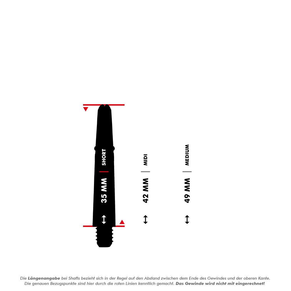 _Harrows_Carbon_360_Shafts_5_35mmNjiupv4IFnNKI Das Bild zeigt drei verschiedene Längen von Dartschäften: 35 mm (Short), 42 mm (Midi) und 49 mm (Medium). Die roten Linien markieren die Messpunkte für die Längenangabe, das Gewinde wird dabei nicht mit eingerechnet.