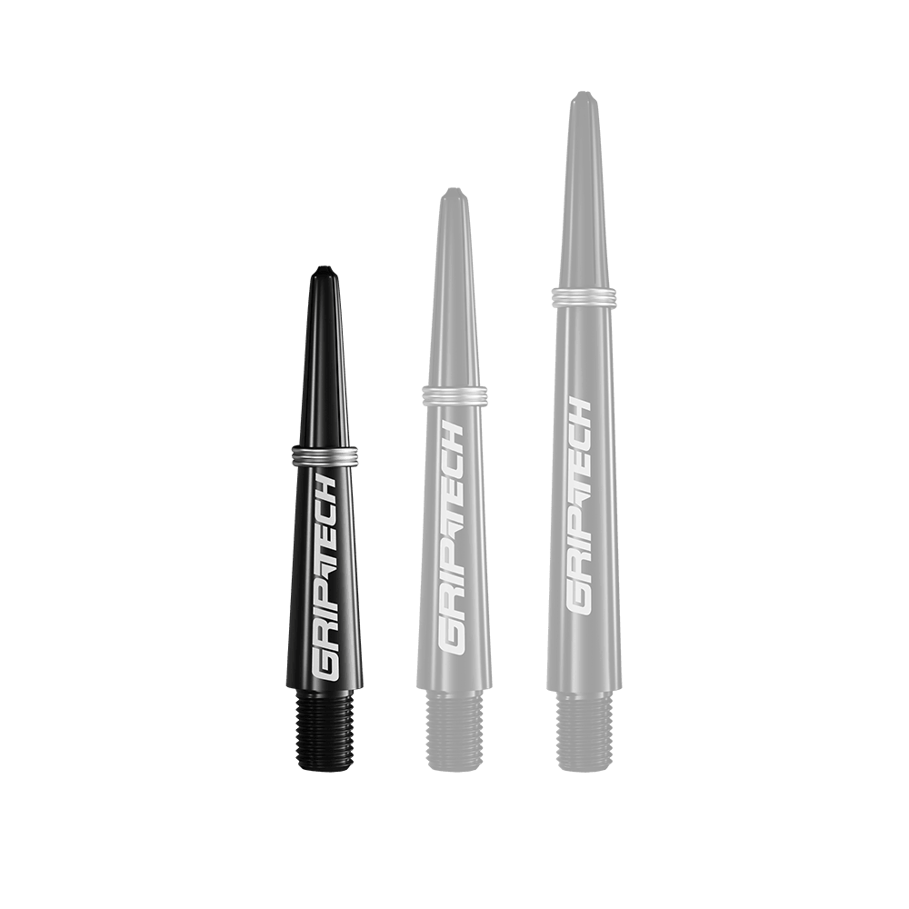 GOAT Griptech Shafts - Black Das Bild zeigt drei schwarze Dartschäfte in unterschiedlichen Längen mit der Aufschrift "GRIPTECH". Sie sind senkrecht nebeneinander angeordnet und haben ein schlichtes, modernes Design.