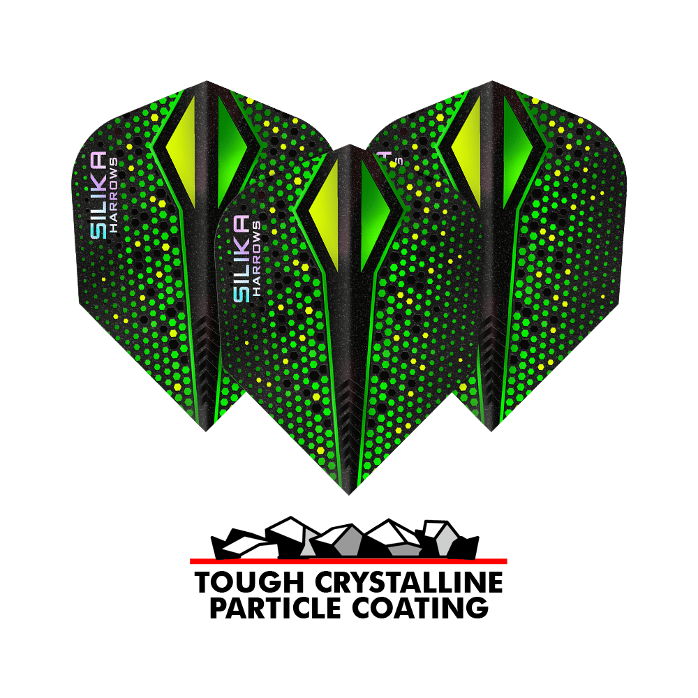 Harrows Silika Colorshift Tough Crystalline Coating Green-X No6 Flights Das Bild zeigt drei grüne Harrows Silika Colourshift Tough Crystalline Coating No6 Flights für Darts. Unten befindet sich ein Logo mit der Aufschrift „Tough Crystalline Particle Coating“.