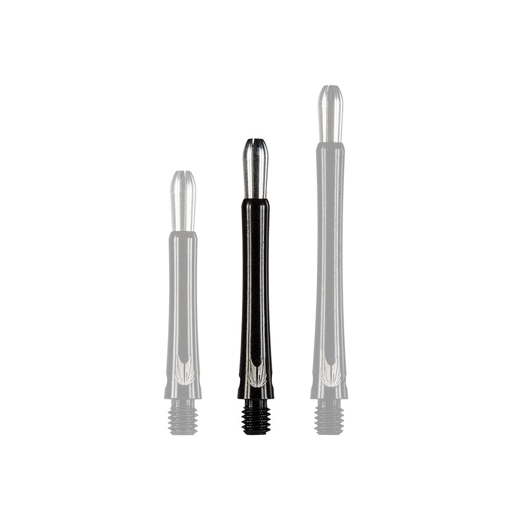 146220_Target_Grip_Style_Aluminium_Shafts_Schwarz_408mm_1lIdzTTY7N9wws Auf dem Bild sind drei unterschiedlich lange schwarze Aluminiumschäfte für Darts zu sehen. Sie stehen nebeneinander aufrecht auf einem neutralen Hintergrund.