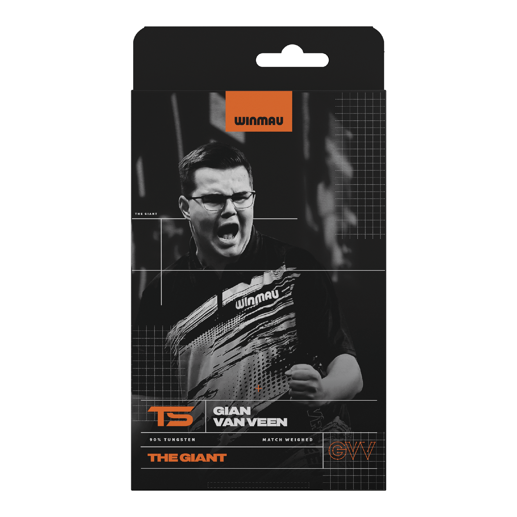 Das Bild zeigt die Winmau Gian Van Veen TS Switch Point Steeldarts. Die Grafik stellt die Details der Darts dar.