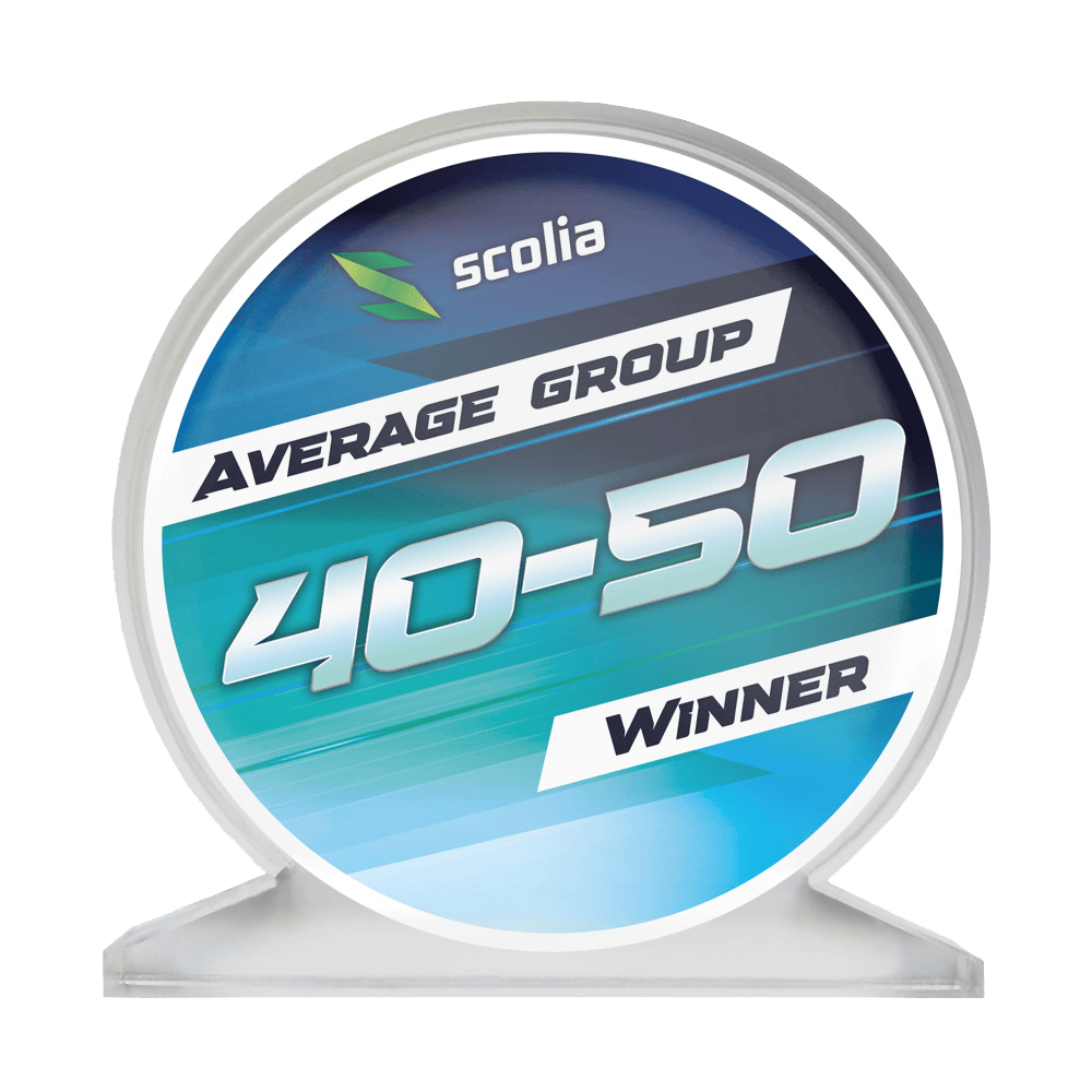 Scolia Acrylic Glass Trophy - Winner Acrylglaspokal mit der Aufschrift 'Average 40-50' ist abgebildet. Der Pokal hat eine klare, rechteckige Form.