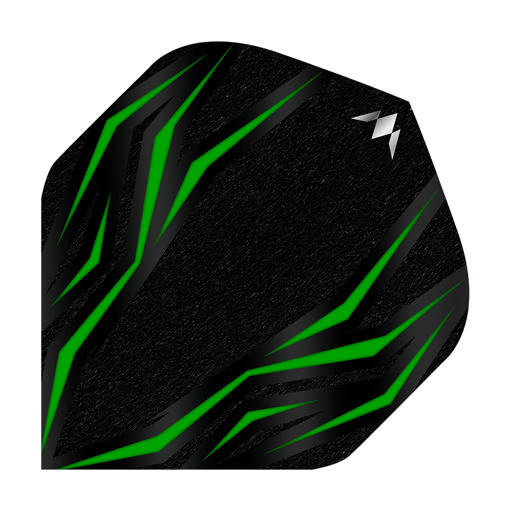 Mission Lava Green No2 Standard Flights Das Bild zeigt einen schwarzen Dartflight mit grünen, diagonalen Linien. In der oberen rechten Ecke befindet sich ein kleines, silbernes Logo.