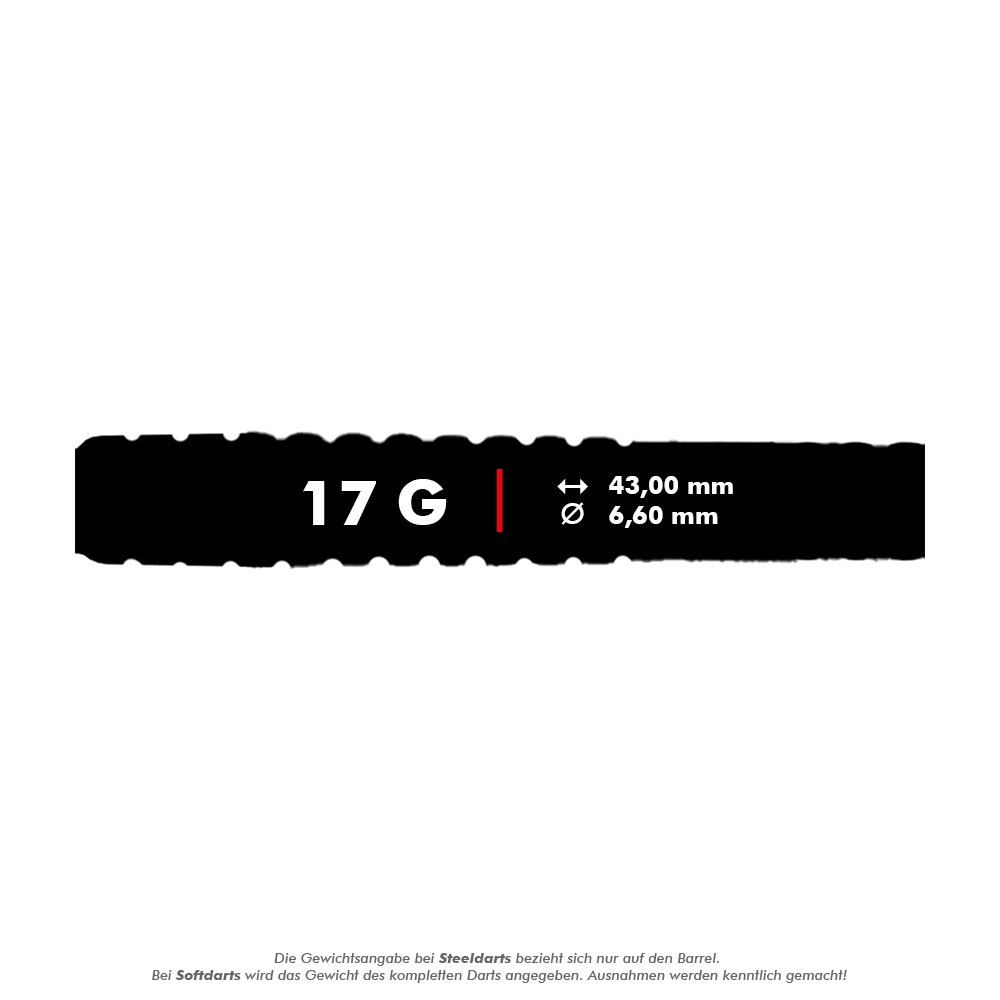 McDart 85 Tungsten V20 Soft Darts - 17g Das Bild zeigt die Produktangaben für die McDart 85er Tungsten V20 Softdarts mit einem Gewicht von 17 Gramm. Die Darts sind 43,00 mm lang und haben einen Durchmesser von 6,60 mm.