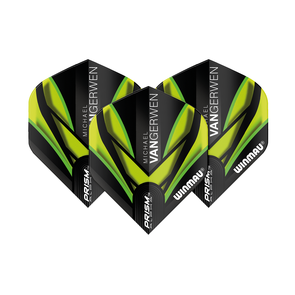 6915-145_Winmau_Prism_Alpha_MvG_Black_Green_V2_Standard_Flights_1L0YLPsbolBsWU Das Bild zeigt drei Dartflights des Modells "Winmau Prism Alpha MvG Black Green V2 Standard". Die Flights sind überwiegend schwarz mit grünen und gelben Akzenten sowie der Aufschrift "Michael van Gerwen" und "Winmau".