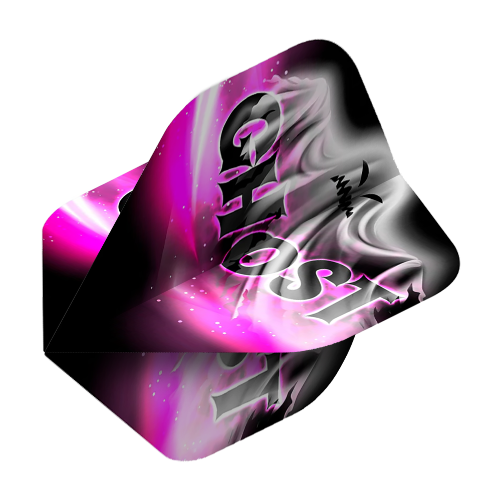 Das Bild zeigt ein Dartflight mit dem Aufdruck "GHOST" in großen Buchstaben. Die Farben sind hauptsächlich Schwarz, Weiß und Pink mit einem nebligen, geisterhaften Muster.