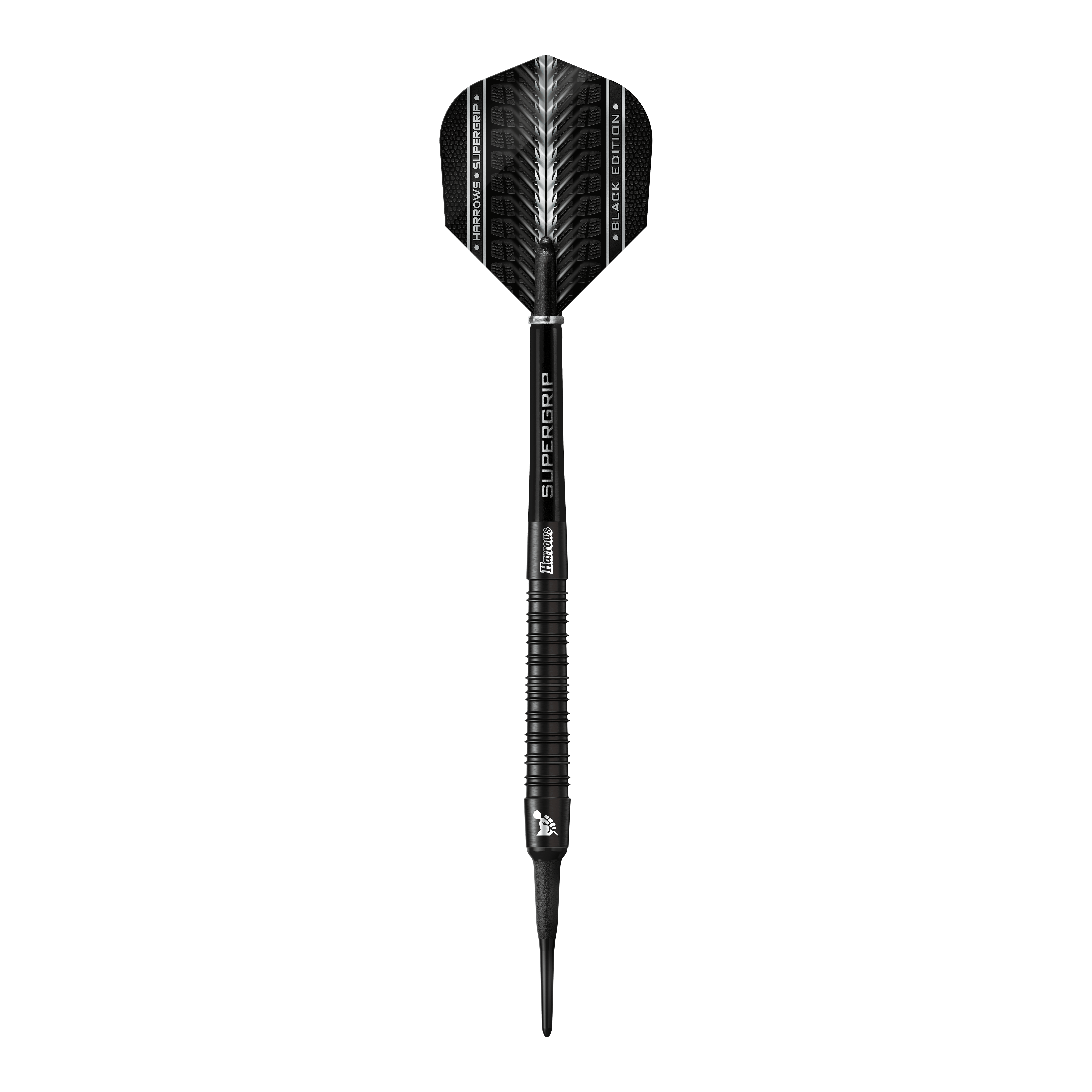 Harrows Supergrip Black Edition soft darts Das Bild zeigt einen Harrows Supergrip Black-Edition Softdart. Der Dart ist komplett in Schwarz gehalten und hat ein modernes, elegantes Design.