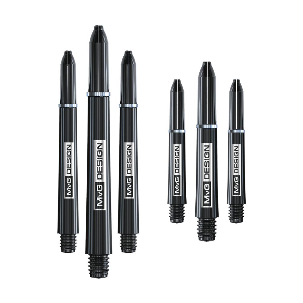 8125_Winmau_MvG_Signature_Shaft_Collection_3 Das Bild zeigt die Winmau MvG Signature Shaft Collection, bestehend aus sechs schwarzen Dartshafts. Auf jedem Shaft steht deutlich "MvG DESIGN" geschrieben.