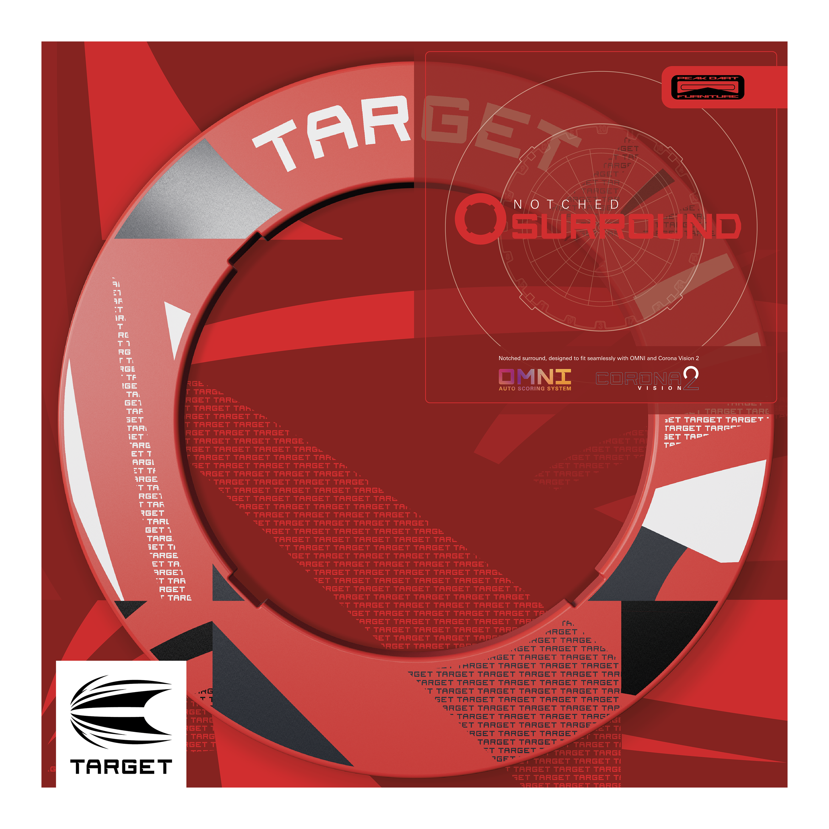 Target Notched Patterned Dartboard Surround Sechs rote Dartboard-Umrandungen mit Muster sind abgebildet. Die Ansicht ist leicht schräg.