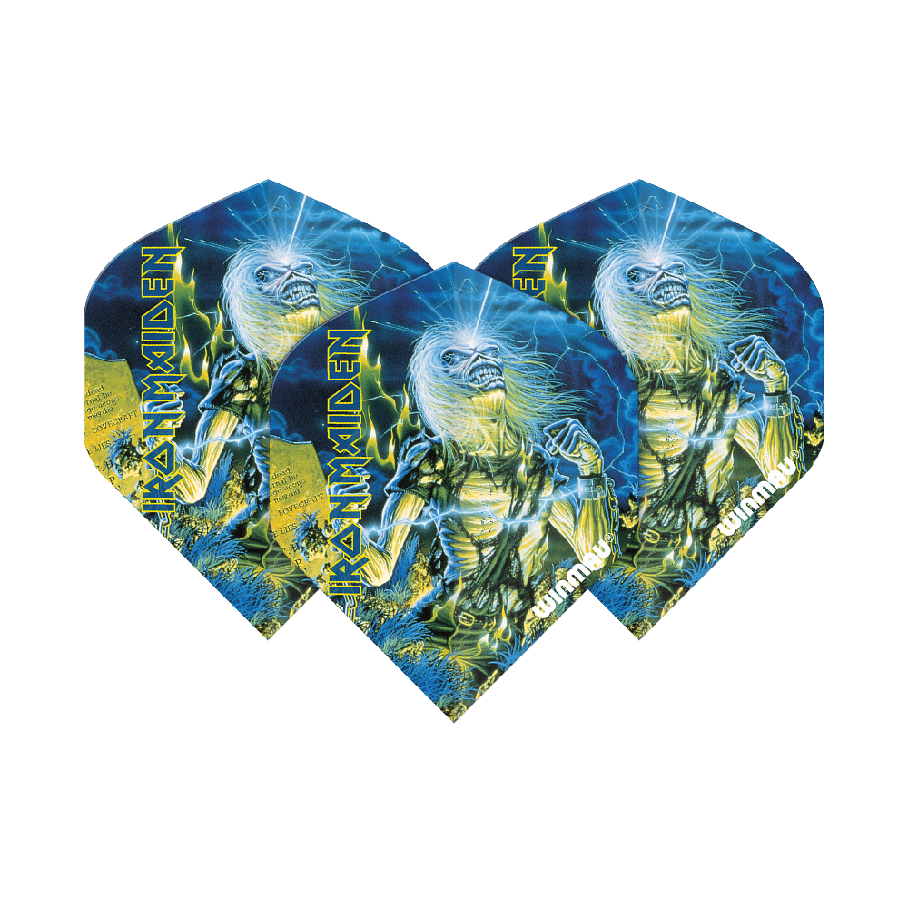 6905-240_Winmau_Iron_Maiden_Life_After_Death_Standard_Flights_1dUEUUygznhExi Das Bild zeigt drei Dart-Flights mit dem Motiv "Iron Maiden Life After Death" von Winmau. Auf den Flights ist das bekannte Albumcover in leuchtenden Blau- und Gelbtönen abgebildet.