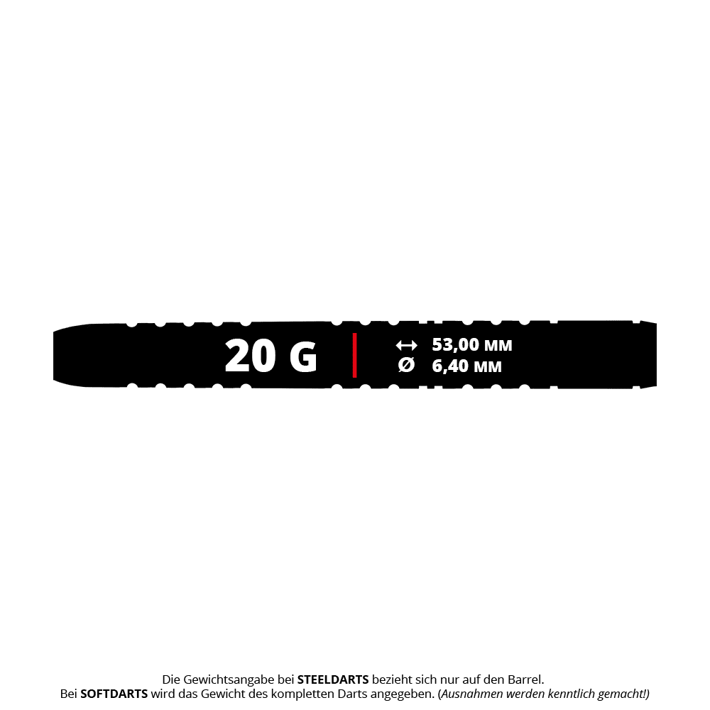 Winmau Michael Van Gerwen Evo-X soft darts - 20g Das Bild zeigt die Maße und das Gewicht des Winmau Michael Van Gerwen Evo-X Softdarts mit 20 Gramm. Der Dart ist 53,00 mm lang und hat einen Durchmesser von 6,40 mm.