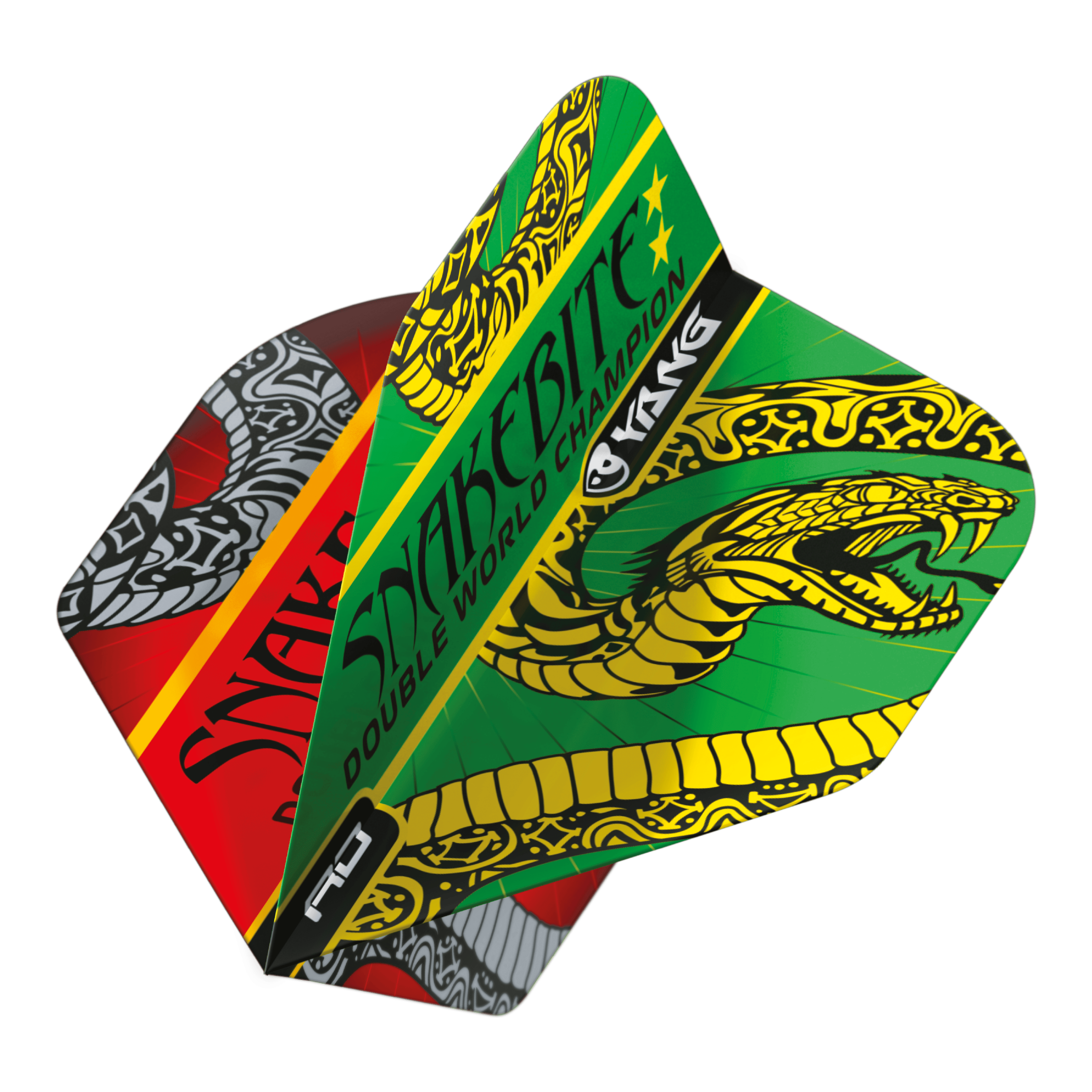 Red Dragon Peter Wright Snakebite Red Green Yin Yang Standard Flights Das Bild zeigt die Dart-Flights "Red Dragon Peter Wright Snakebite Red Green Yin Yang Standard Flights." Die Flights sind farbenfroh gestaltet und zeigen einen auffälligen Schlangen-Grafik sowie den Schriftzug "Snakebite."