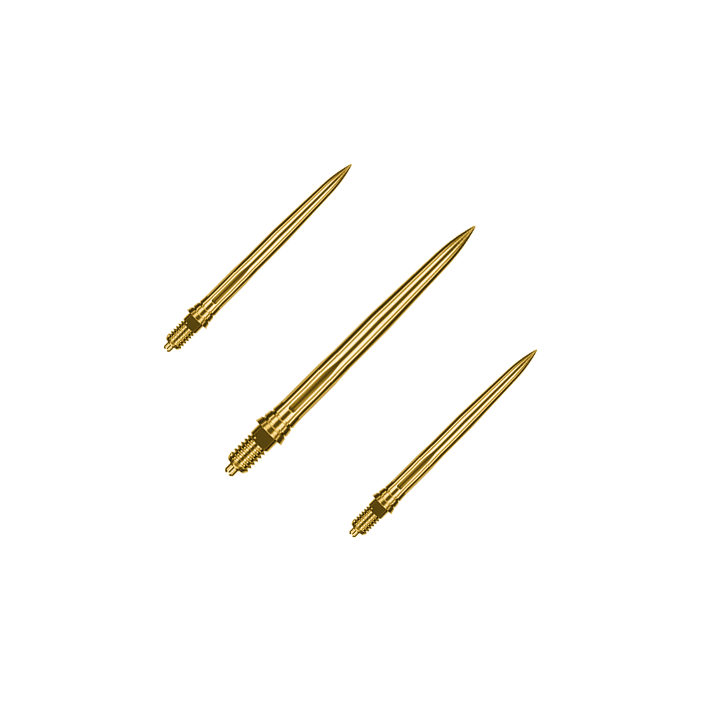 Caliburn EZ-EVO dart tips - Smooth - Gold Dieses Bild zeigt ein Set goldener Dartspitzen mit glatter Oberfläche, vermutlich 28mm lang. Die Spitzen sind von der Marke Caliburn EZ-EVO.