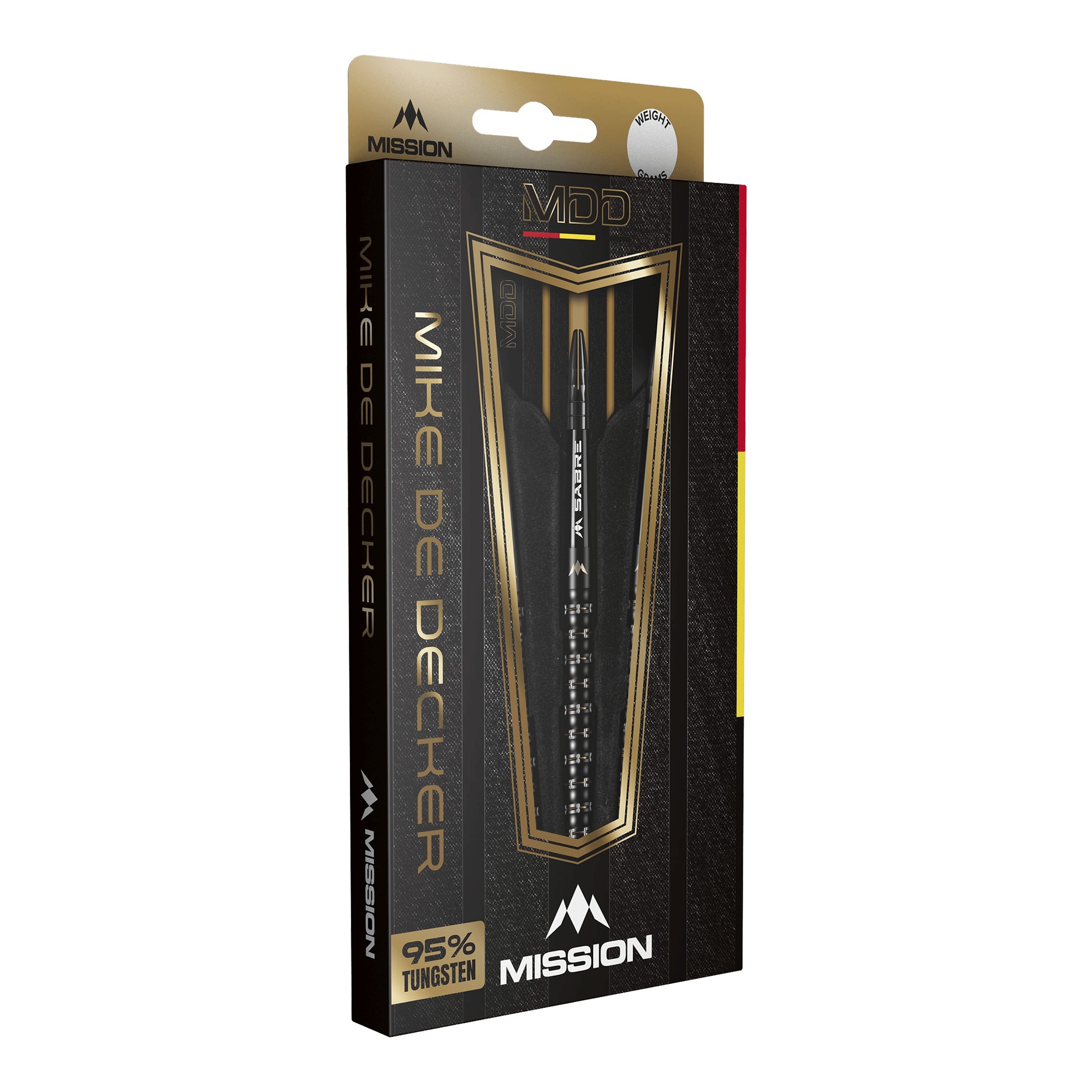 Mission Mike De Decker MDD Black Gold Steeldarts Die Verpackung zeigt die Mission Mike De Decker MDD Black Gold Steeldarts. Auf der Vorderseite steht, dass die Darts zu 95% aus Tungsten bestehen.
