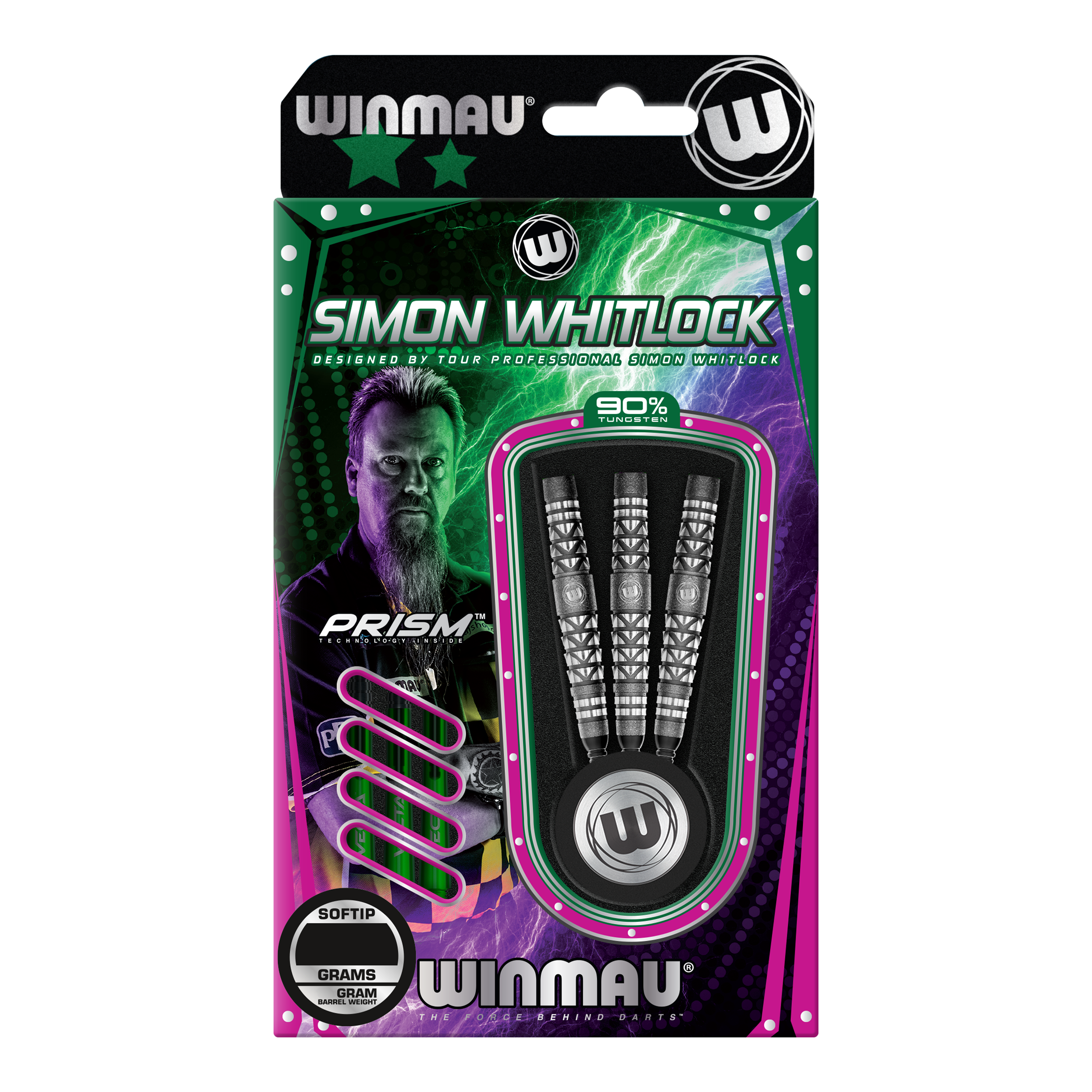 Winmau Simon Whitlock Atomized Grip Soft Darts Das Bild zeigt eine Verpackung der "Winmau Simon Whitlock Atomised Grip Softdarts". Drei Darts mit speziellem Griffdesign sind in einer auffälligen, bunten Box zu sehen.