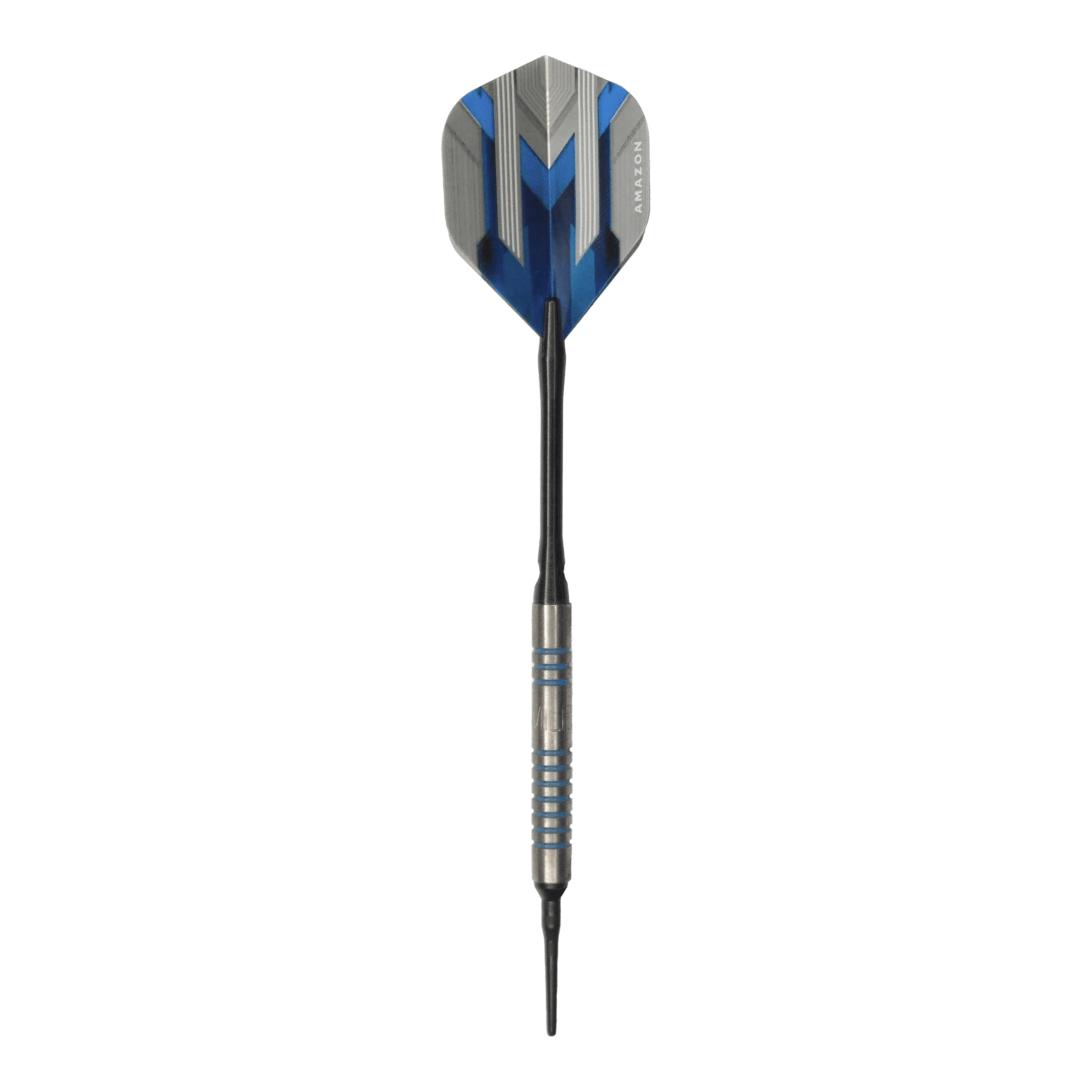 McDart 85 Tungsten V1 soft darts - 17g Dies ist ein McDart 85er Tungsten V1 Softdart mit einem Gewicht von 17g. Der Dart hat blaue und silberne Akzente und eine schwarze Spitze.