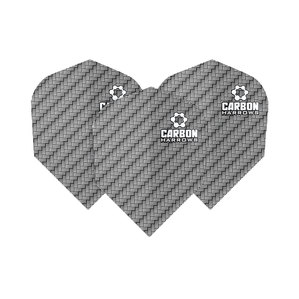 HR53_Harows_Carbon_No6_Flights_Weiss_1Av4KhCswcCxG3 Das Bild zeigt drei Harrows Carbon Flights HR53 für Darts. Sie haben ein schwarzes Muster mit weißem Logo und Schriftzug.