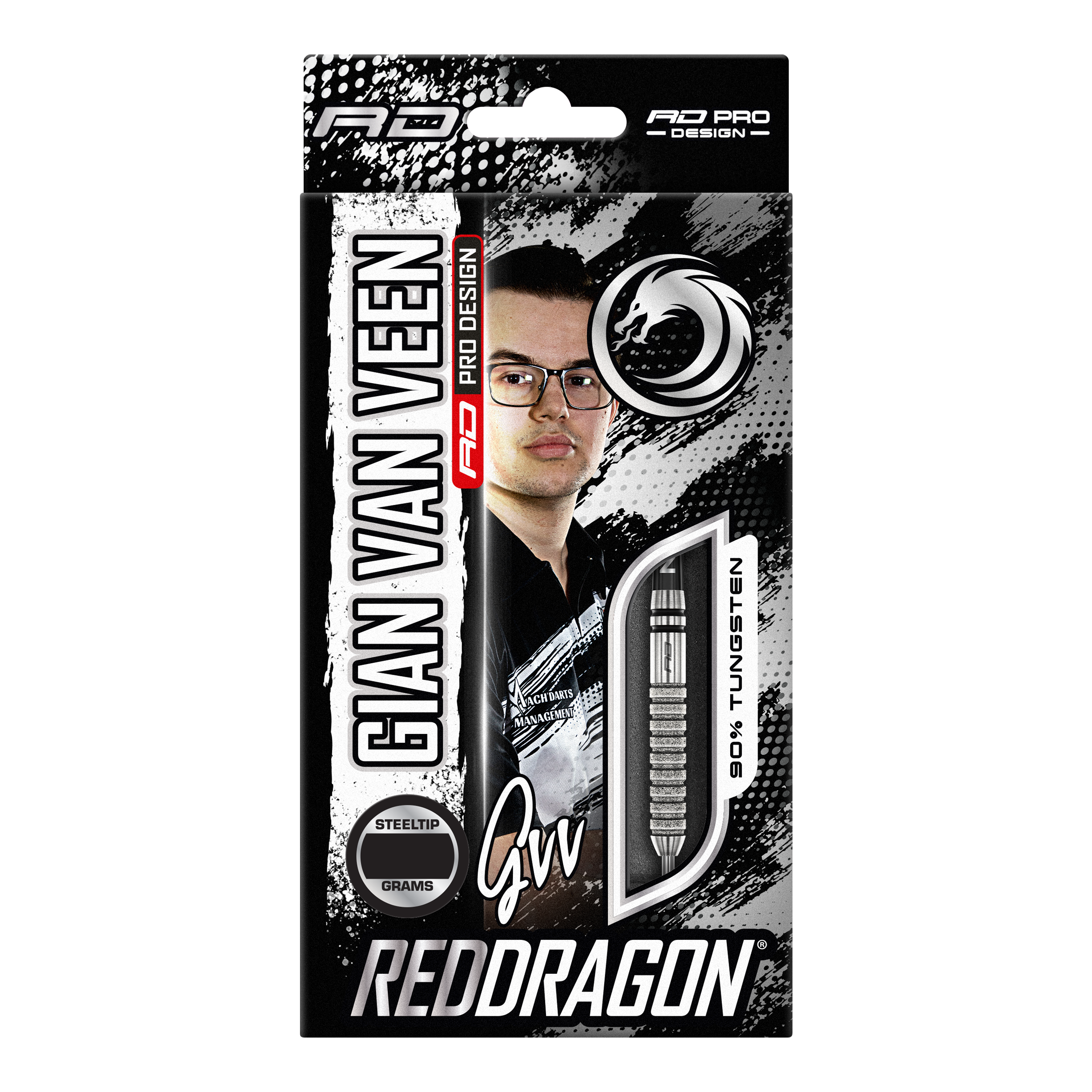 Red Dragon Gian Van Veen Tour Edition Steeldarts - 22g Die Verpackung zeigt die Red Dragon Gian Van Veen Tour Edition Steeldarts mit 22 Gramm. Auf der Vorderseite sind ein Bild von Gian Van Veen und ein Blick auf einen der Darts zu sehen.