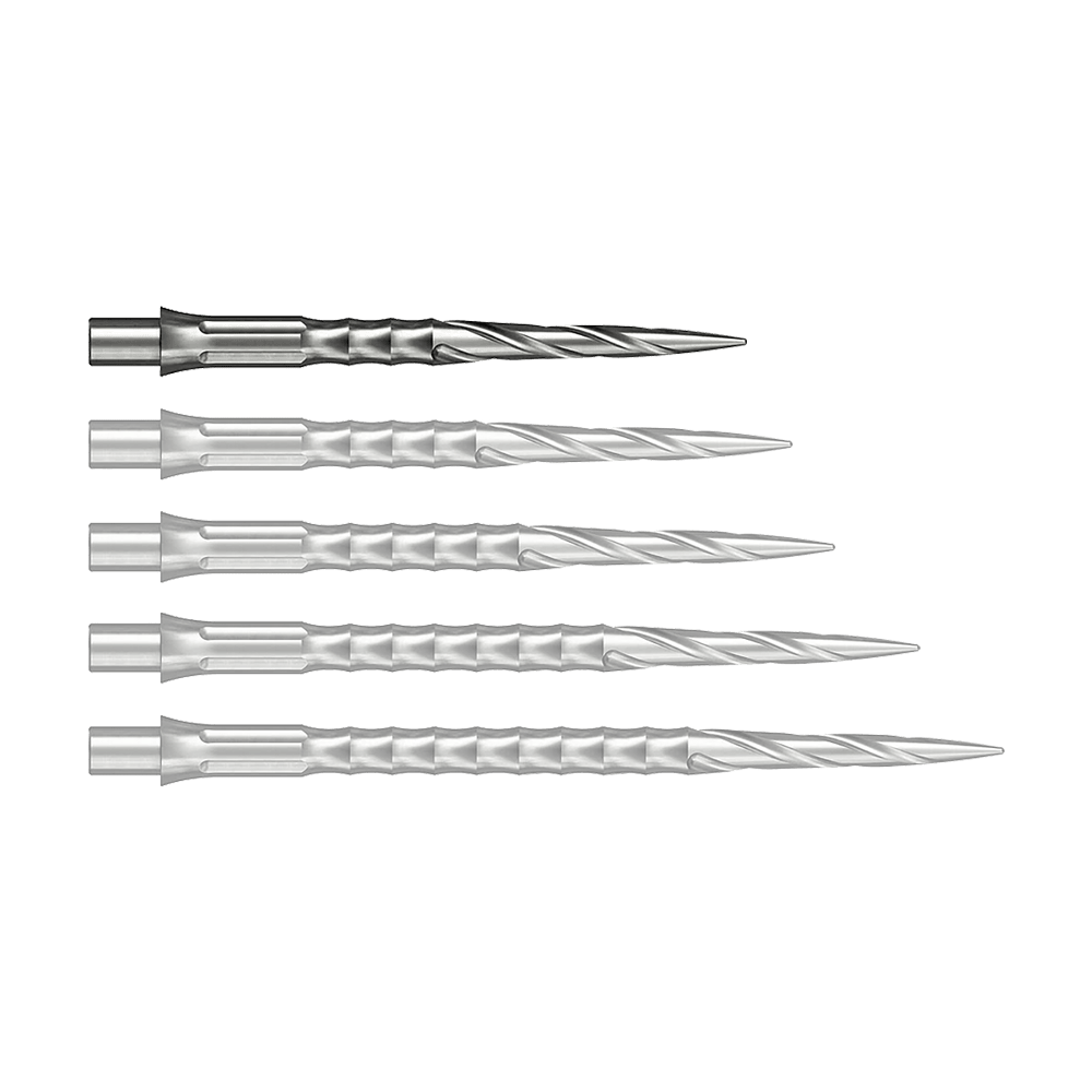 Das Bild zeigt wahrscheinlich eine 28 mm lange Steeldartspitze aus Silber. Die Spitze ist Teil des Caliburn Evo Systems und trägt die Bezeichnung Spiro NoLip.