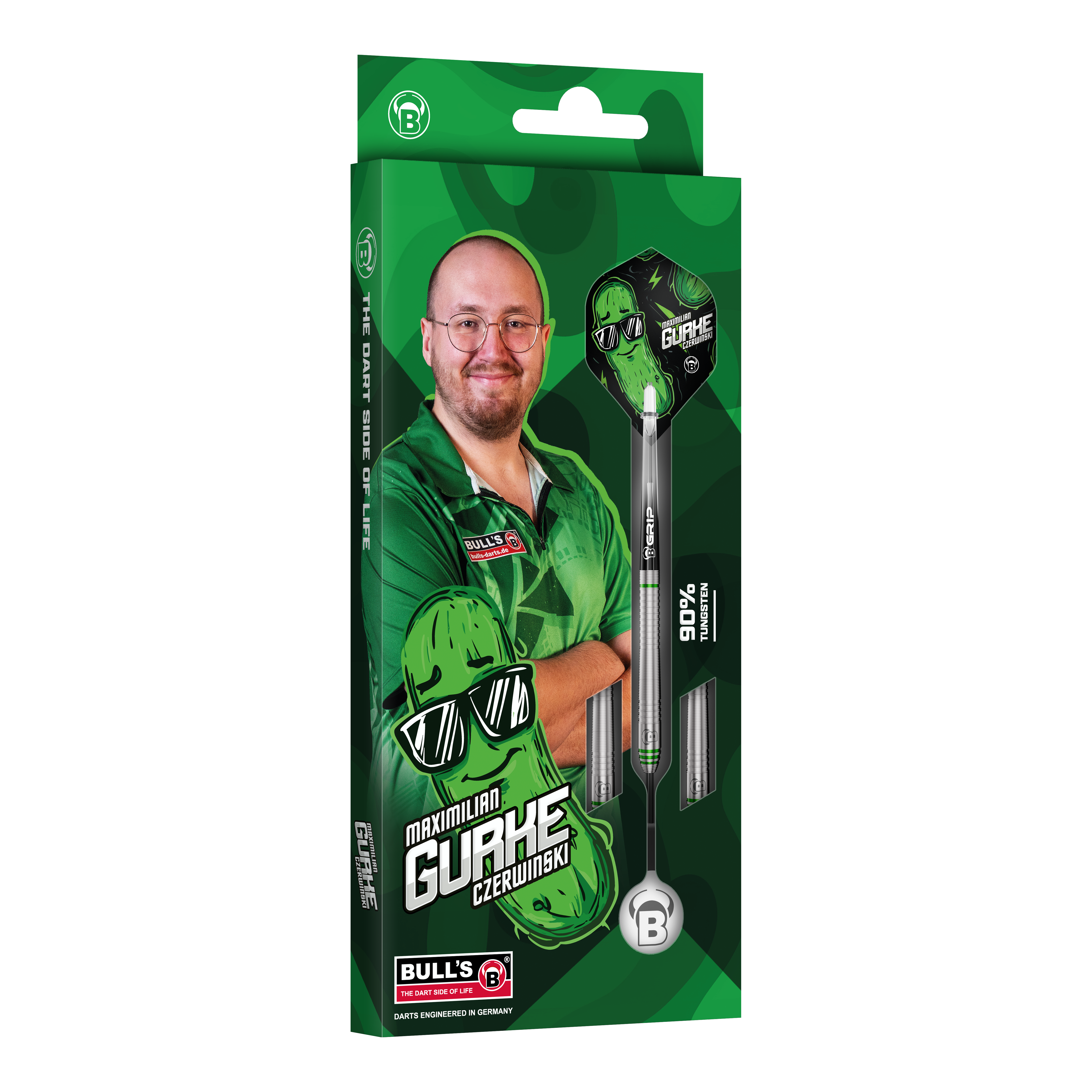Bulls Max Czerwinski Gurke Steeldarts mit einem Gewicht von 23 Gramm. Diese Aufnahme zeigt Details des Dartpfeils.