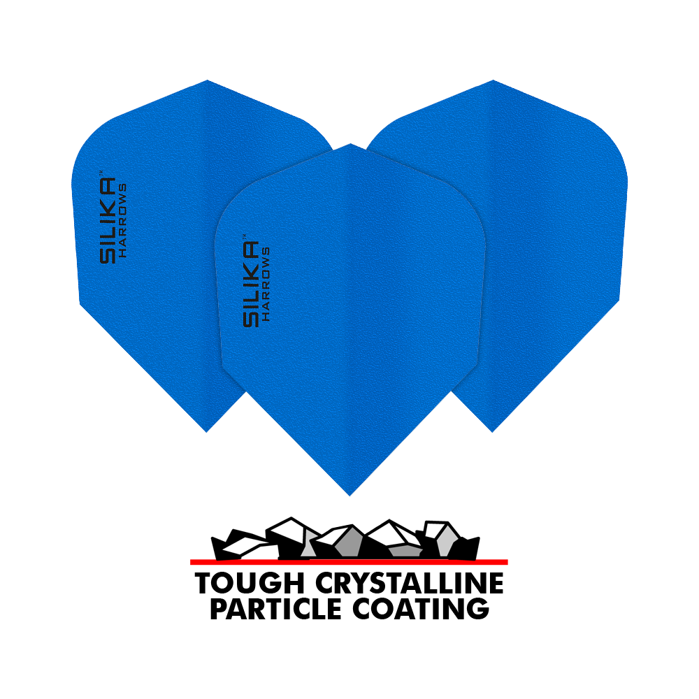 Harrows Silica Solid Tough Crystalline Coating Blue No6 Flights Das Bild zeigt blaue Dart-Flights der Marke Harrows Silika mit einer soliden, kristallinen Beschichtung. Unten im Bild steht "Tough Crystalline Particle Coating" mit einer grafischen Darstellung von Kristallen.