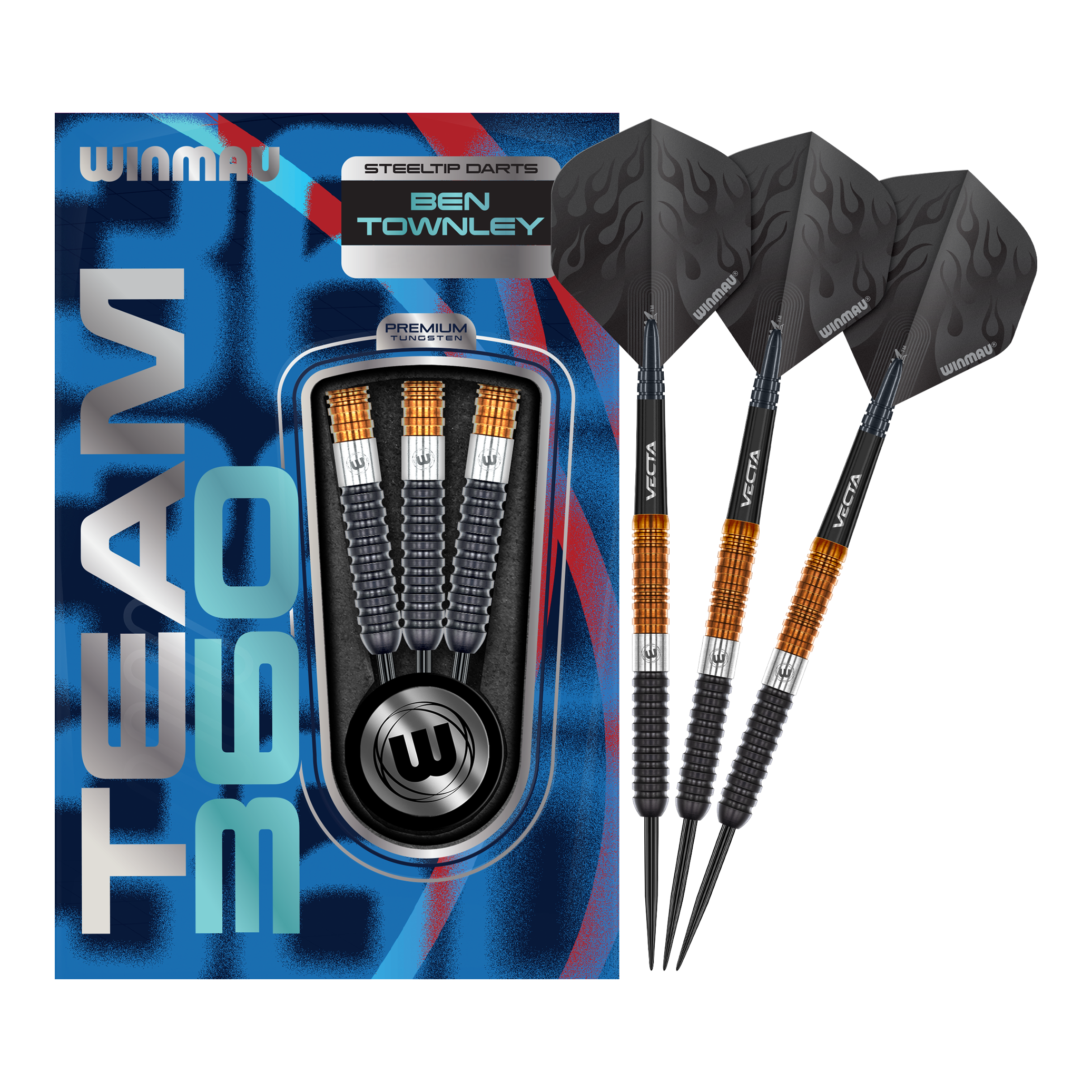 Das Produkt Winmau Team 360 Ben Townley Steeldarts - 23g ist hier komplett dargestellt. Diese Steeldarts sind langlebig und vielseitig einsetzbar.