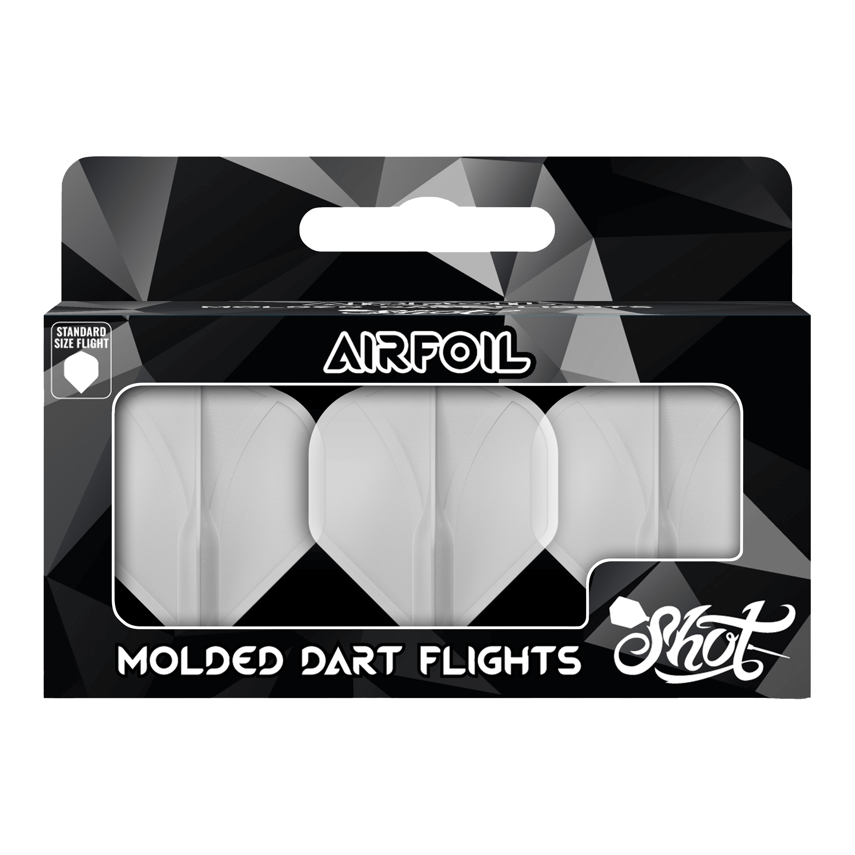 Shot Airfoil Molded No2 Standard Flights Auf dem Bild ist eine Packung mit geformten Dart-Flights der Marke Shot zu sehen. Die Flights sind durchsichtig und in einer schwarzen Verpackung mit der Aufschrift "Airfoil" präsentiert.