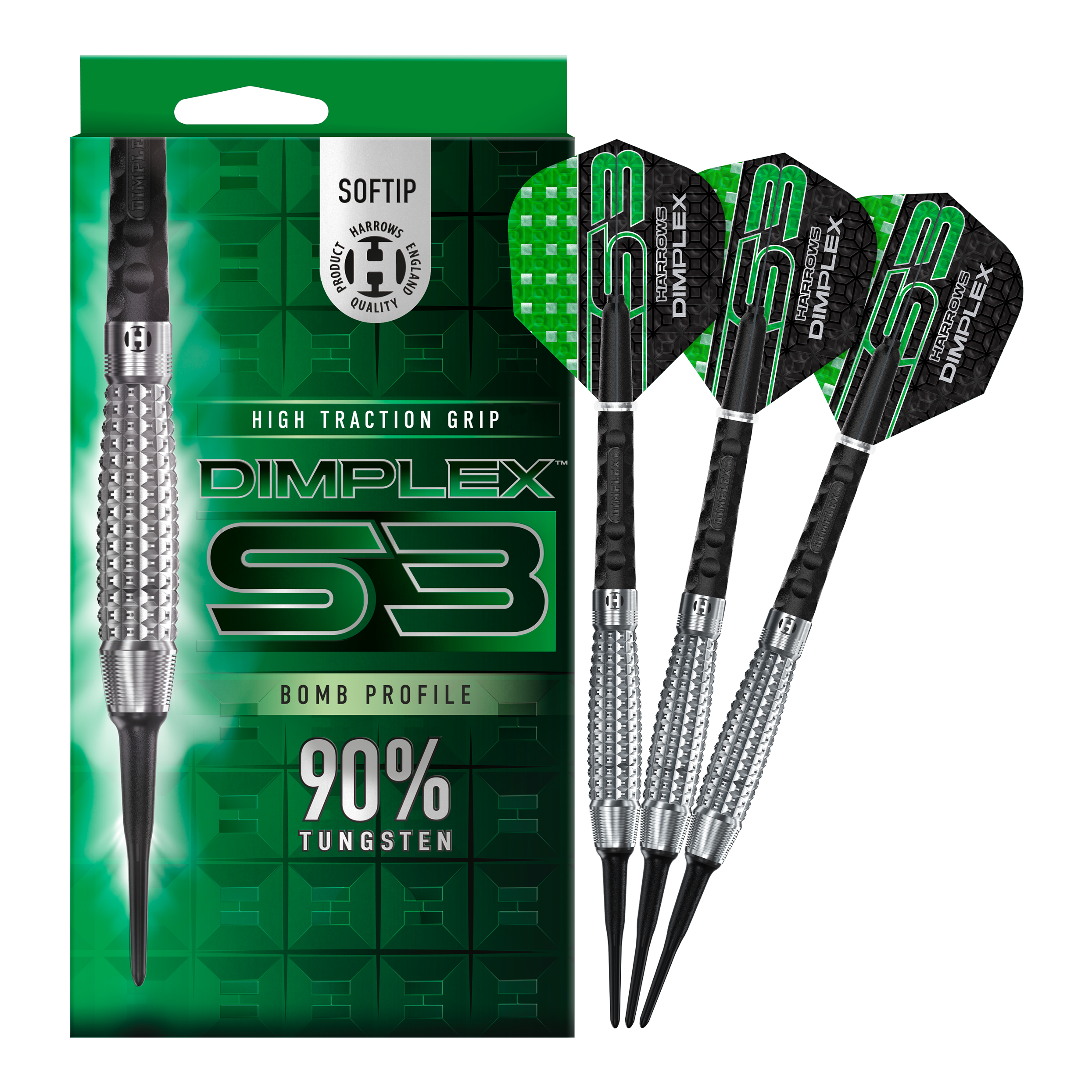Harrows Dimplex S3 Bomb soft darts Auf dem Bild sind die Harrows Dimplex S3 Bomb Softdarts und ihre Verpackung zu sehen. Die Darts haben einen hohen Grip und bestehen zu 90% aus Tungsten.