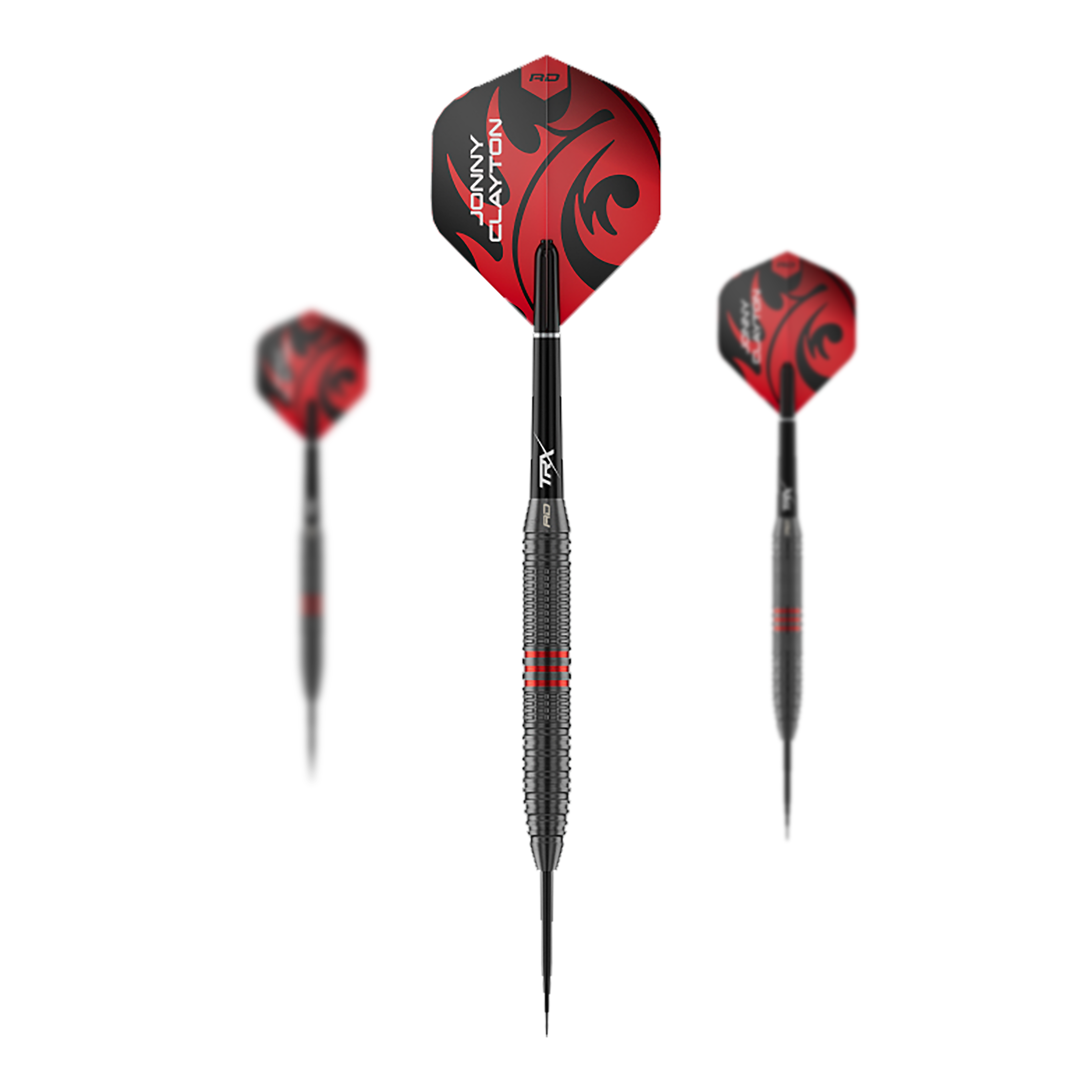 Red Dragon Jonny Clayton Core Brass Steeldarts - 21g Das Bild zeigt ein Set der Red Dragon Jonny Clayton Core Brass Steeldarts mit 21g Gewicht. Es sind drei Darts mit goldener Griffzone und roten Flights dargestellt.