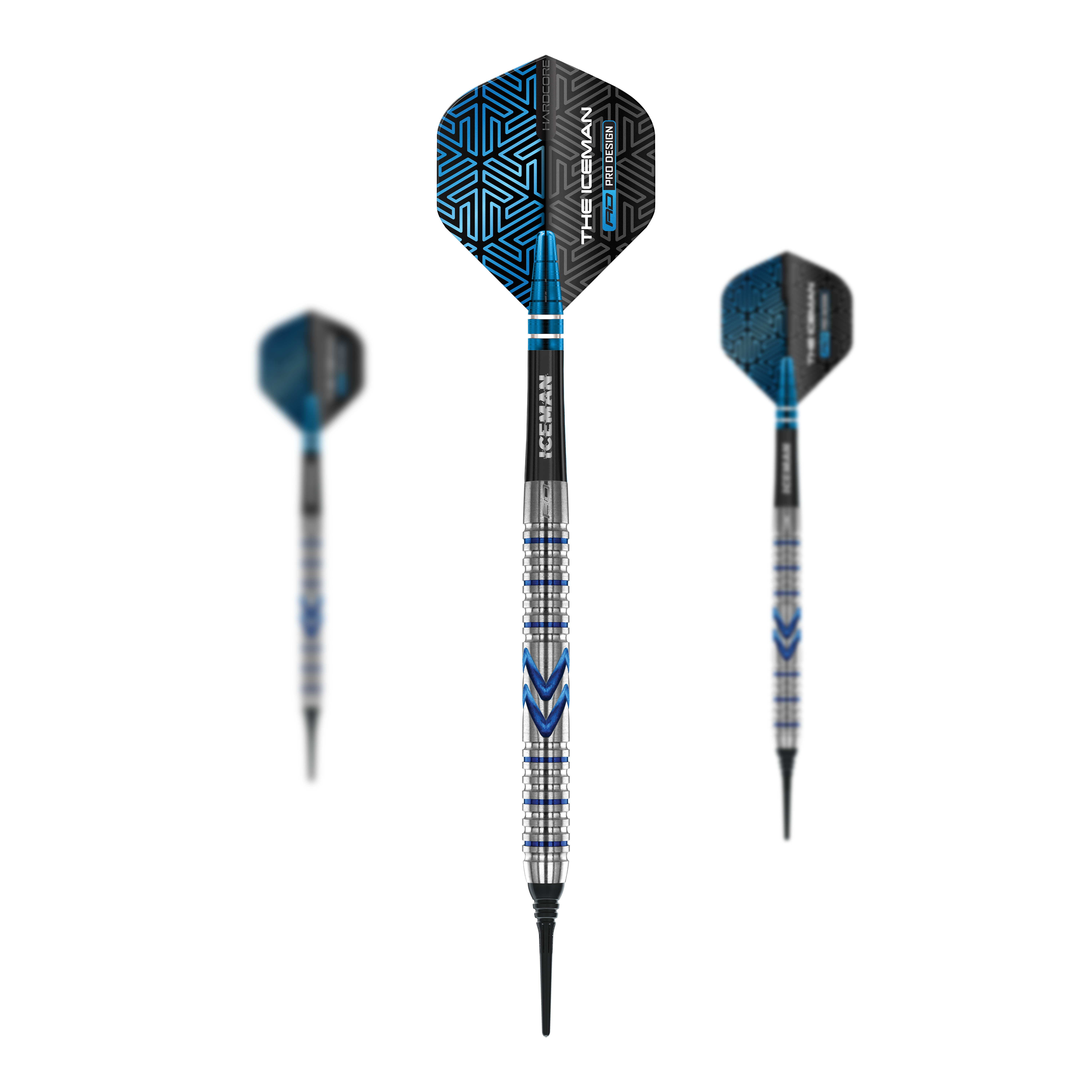Red Dragon Gerwyn Price Iceman Midnight Edition Soft Darts - 20g Das Bild zeigt drei Softdarts des Modells "Red Dragon Gerwyn Price Iceman Midnight Edition" mit 20g Gewicht. Die Darts sind silber, blau und schwarz und haben ein auffälliges, modernes Design.