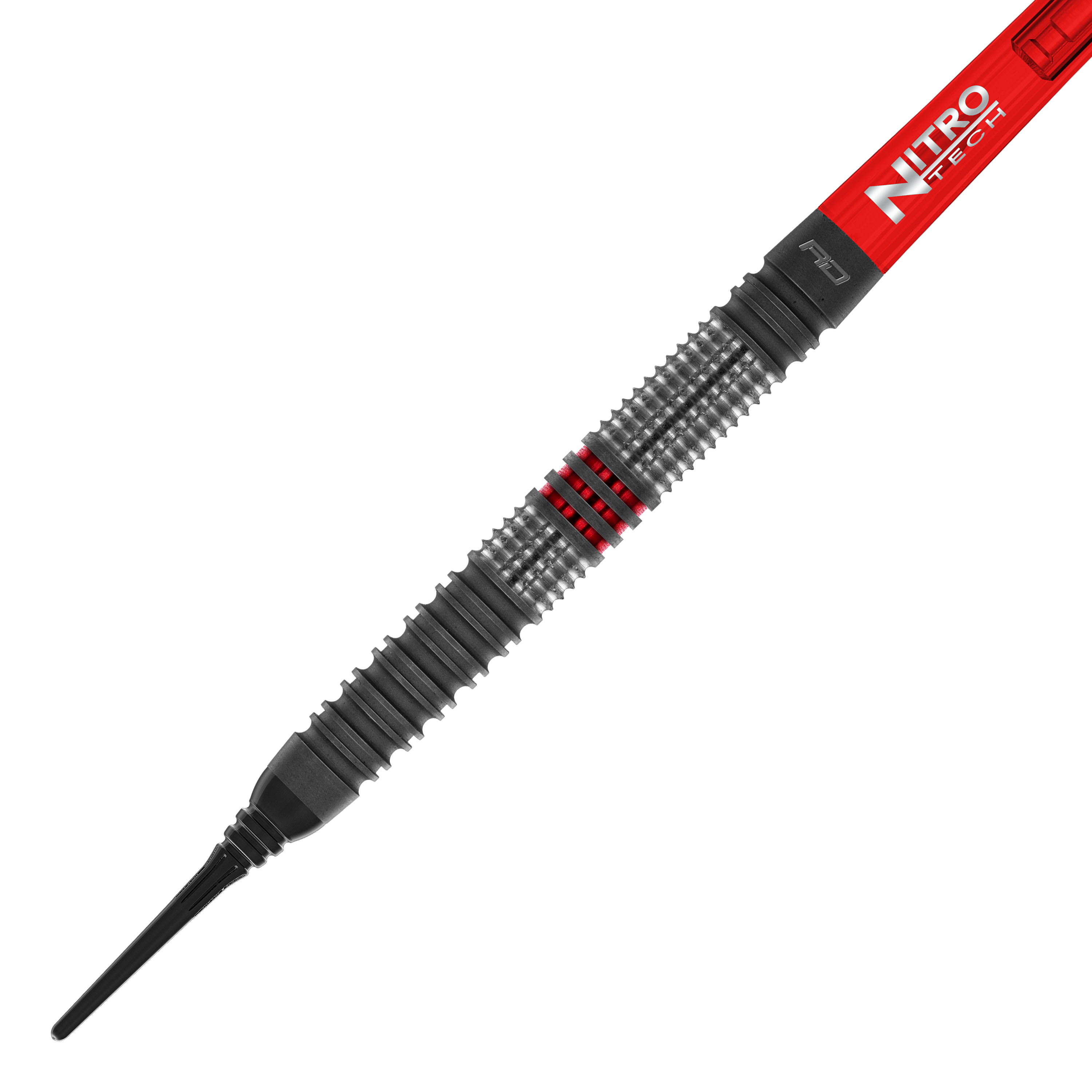 Red Dragon Jonny Clayton Hiraeth Soft Darts - 20g Das Bild zeigt den Red Dragon Jonny Clayton Hiraeth Softdart mit einem Gewicht von 20 Gramm. Der Dart hat ein silbernes Griffstück mit roten Akzenten und einen roten Schaft mit der Aufschrift "Nitro Tech".