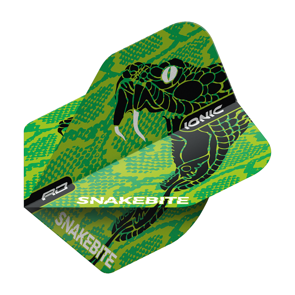 TF6571_Red_Dragon_Hardcore_Ionic_Snakebite_Green_Head_Standard_Flights_2 Das Bild zeigt ein Dart Flight mit einer auffälligen grünen Schlangen-Design und den Schriftzügen "SNAKEBITE" und "IONIC". Das Produkt ist der "Red Dragon Hardcore Ionic Snakebite Green Head Standard Flight".