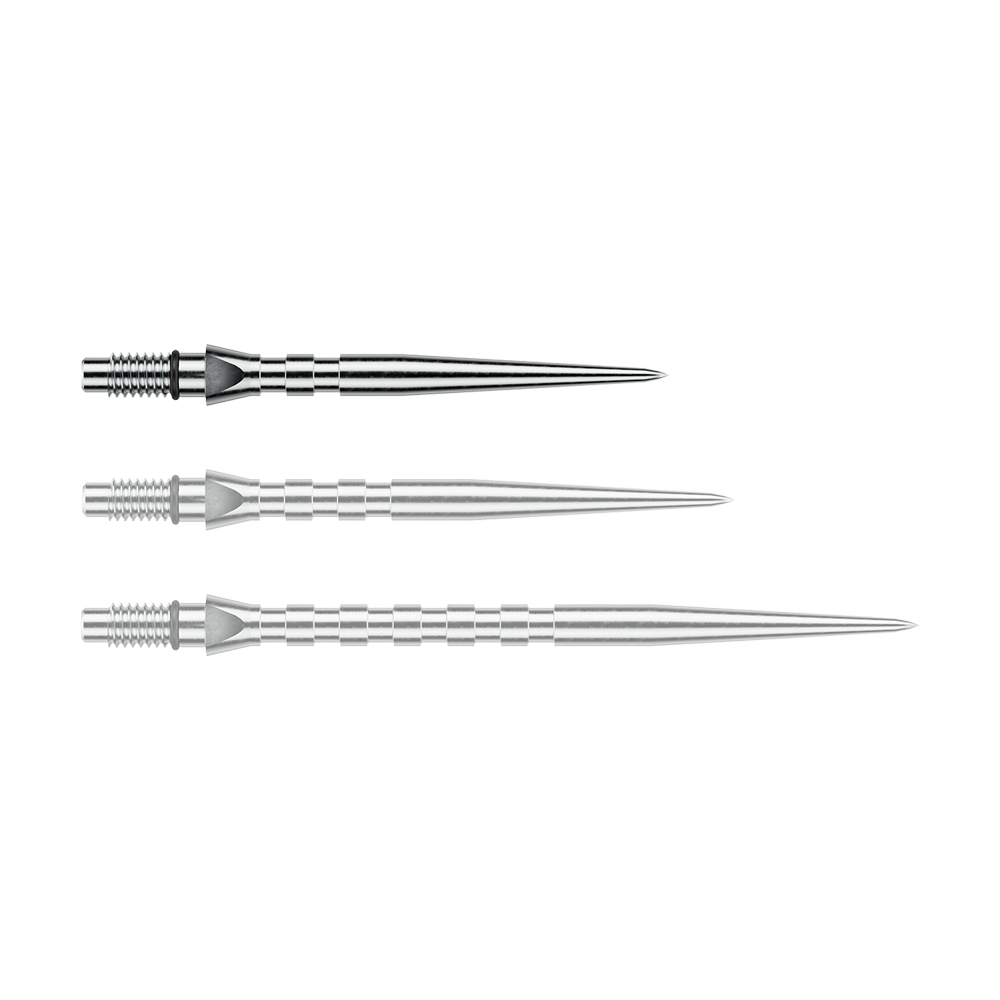 Winmau Switch Point Groove steel dart tips - Silver Effect Abgebildet ist eine einzelne silberne Steeldartspitze mit Rillen, vermutlich vom Typ 'Switch Point Groove Silver Effect' und 26mm. Diese Spitze eignet sich für Steeldarts.