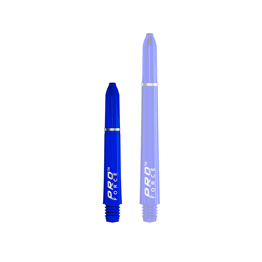 Das Bild zeigt zwei blaue Dartschäfte des Modells "Winmau Pro-Force Shafts". Auf den Schäften steht in weißer Schrift "PRO FORCE".