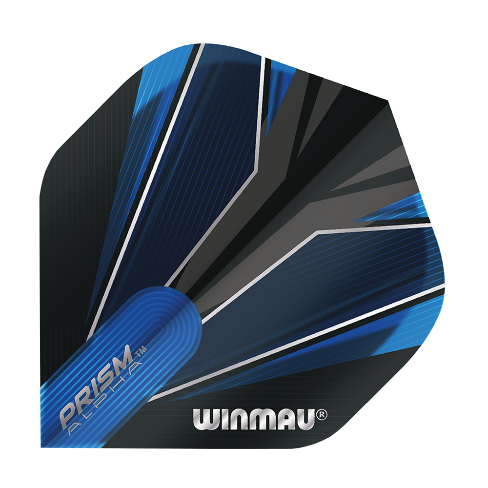 6915-153_Winmau_Prism_Alpha_Blue_Standard_Flights_13Rwc4pjLVzAV0 Das Bild zeigt das Produkt "Winmau Prism Alpha Blue Standard 2 Flights". Die Flights sind in einem modernen blauen und schwarzen Design gehalten, mit dem Winmau-Logo darauf.