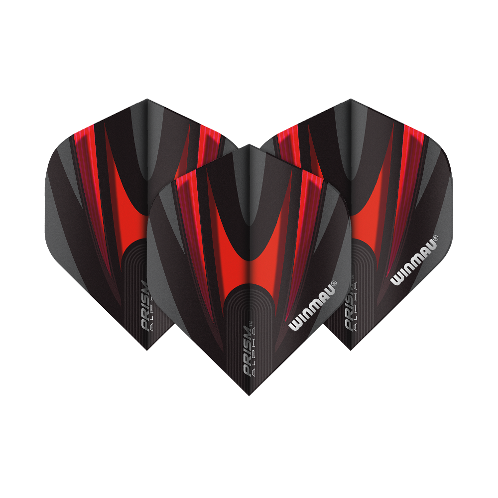 6915-167_Winmau_Prism_Alpha_6915-167_Standard_Flights_1ZUyc0ozJjctRl Das Bild zeigt drei Dart-Flights des Modells „Winmau Prism Alpha 6915.167 Standard“. Sie sind schwarz mit roten und grauen Akzenten und tragen das Winmau-Logo.