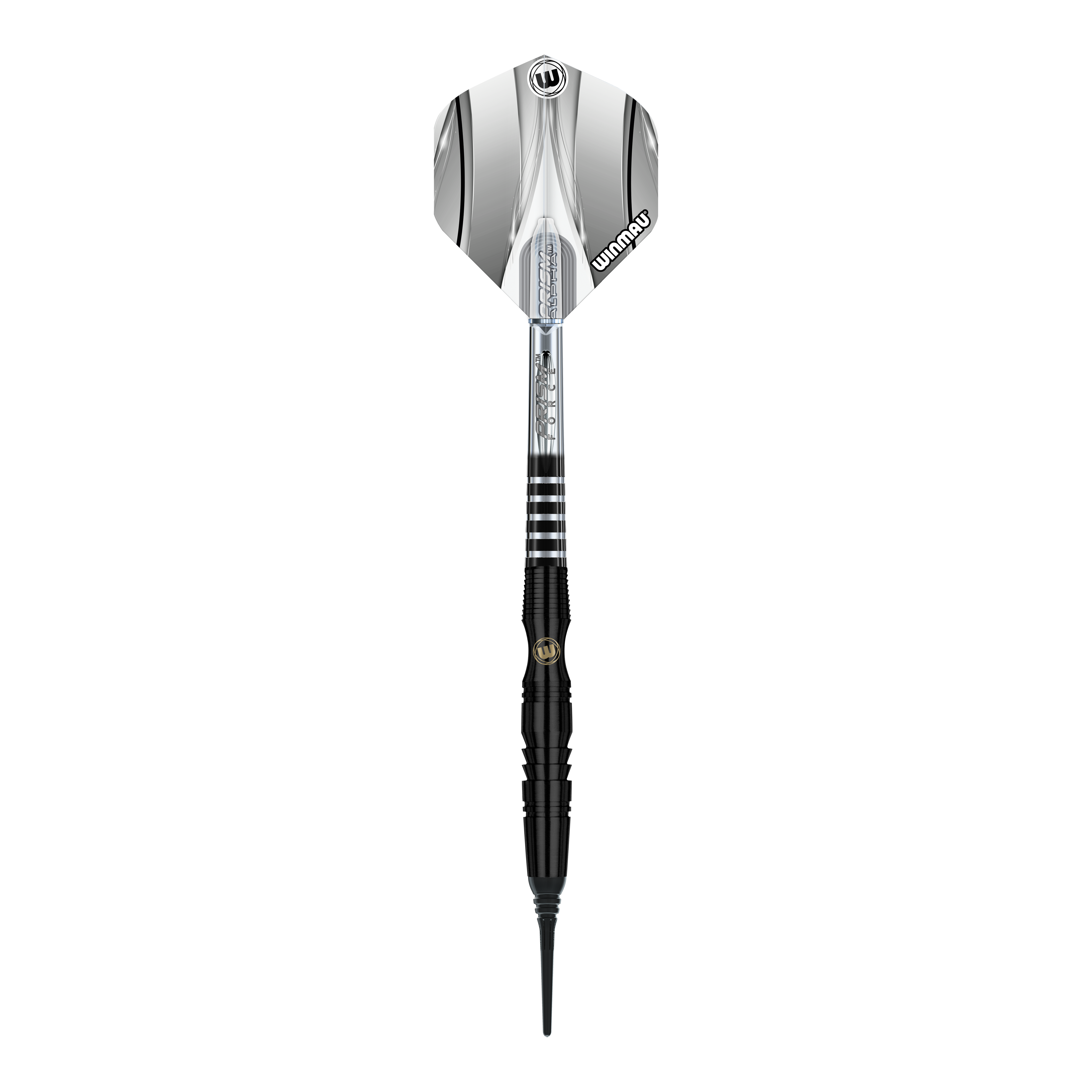 Winmau Sniper Black soft darts - 20g Das Bild zeigt einen Winmau Sniper Black Softdart mit einem Gewicht von 20 Gramm. Der Dart ist überwiegend schwarz mit silbernen Akzenten und besitzt eine schwarze Softspitze.